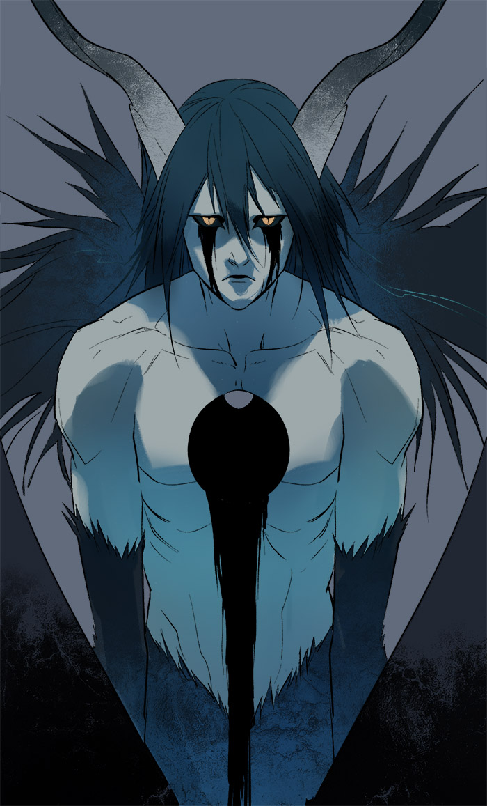 huangdanlan, ulquiorra cifer, bleach, commentary, english commentary, 1boy, black sclera, closed mouth, collarbone, colored sclera, colored skin, expressionless, grey background, grey skin, hole in chest, hole on body, horns, male focus, pectorals, slit pupils, topless male, upper body, wings