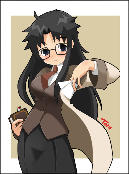 imaizumi teruhiko, yomiko readman, read or die, 00s, 1girl, black eyes, black hair, blush, book, border, breasts, female focus, glasses, long hair, looking at viewer, medium breasts, necktie, outside border, smile, solo