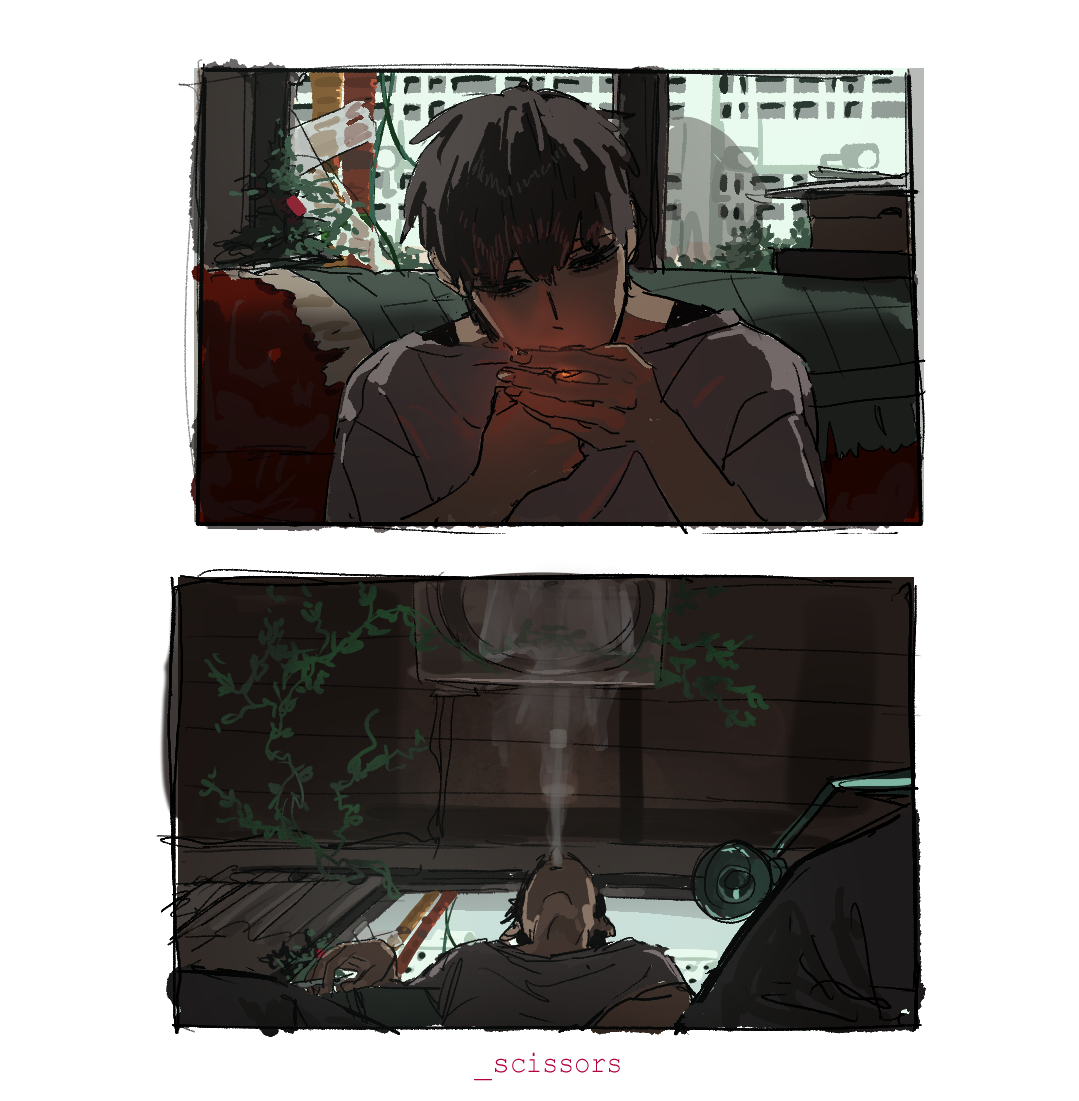 qmeng, original, 1boy, brown hair, cigarette, english text, indoors, lighting cigarette, male focus, multiple boys, shirt, sitting, smoke, white shirt