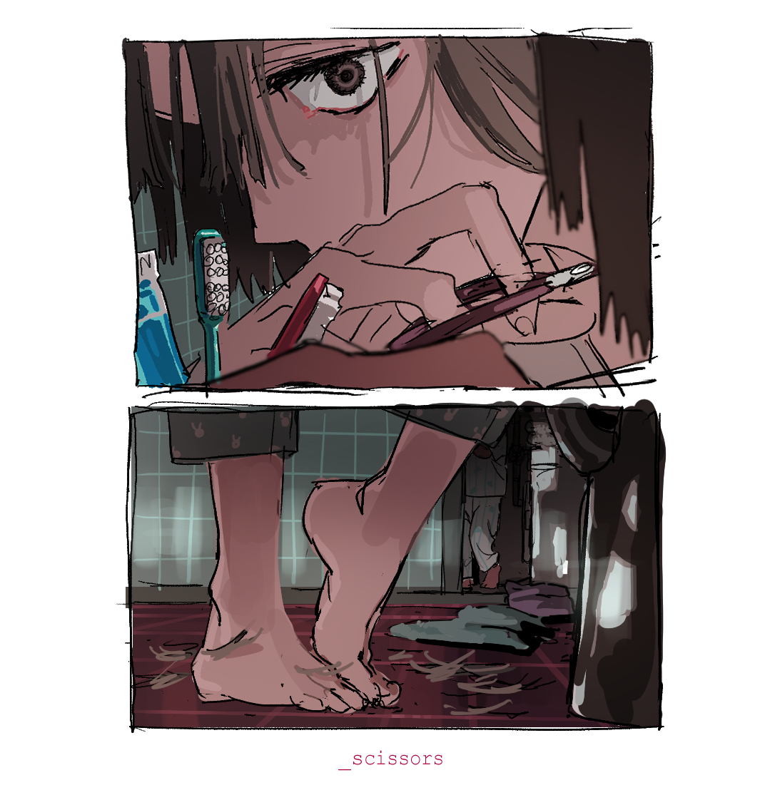 qmeng, original, 2boys, barefoot, brown eyes, brown hair, cutting hair, english text, indoors, male focus, multiple boys, severed hair, toothbrush