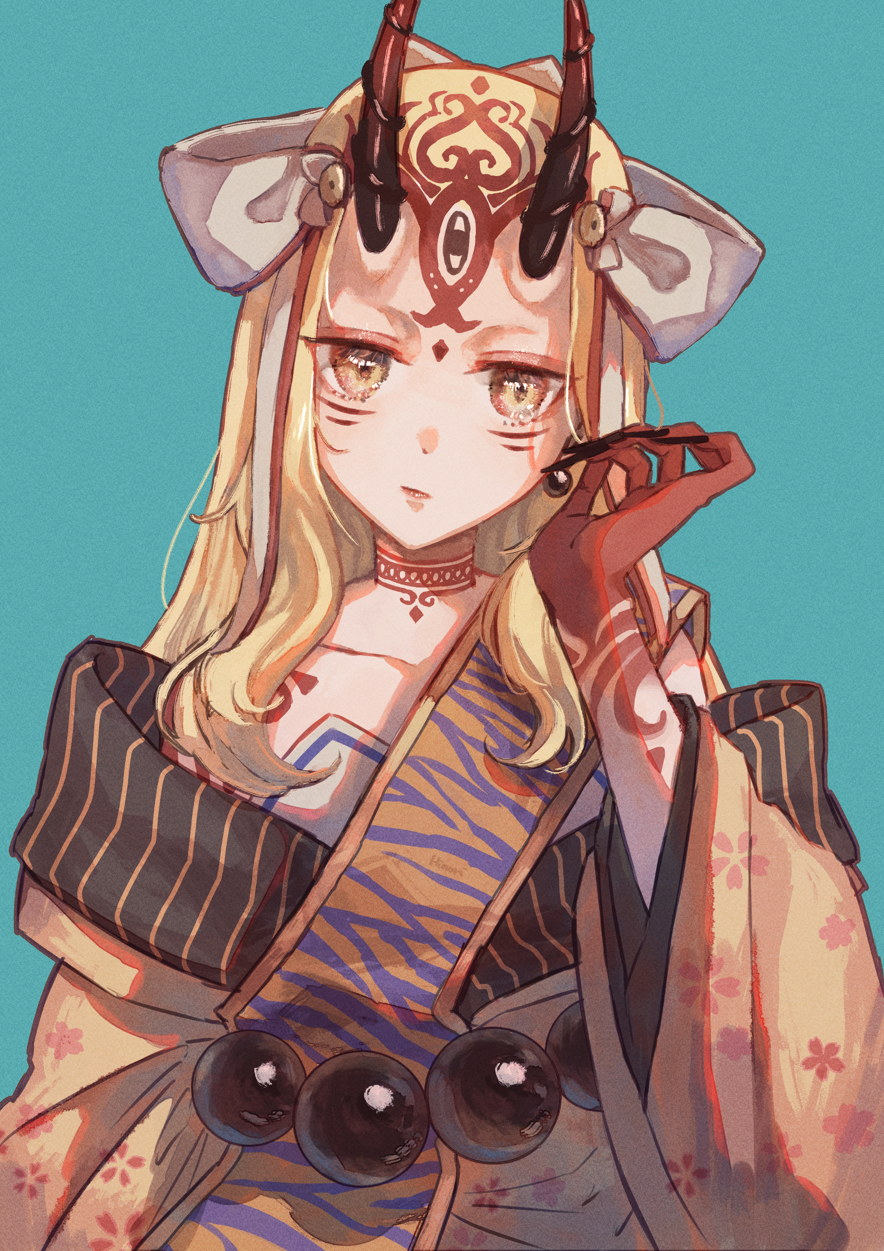 hinori (hinorinr), ibaraki douji (fate), fate/grand order, fate (series), absurdres, highres, 1girl, animal print, aqua background, bare shoulders, beads, black horns, black nails, blonde hair, bow, cherry blossom print, choker, collarbone, colored skin, demon horns, dot nose, eyelashes, facial mark, fingernails, floral print, forehead mark, hair bow, hand on own cheek, hand on own face, horns, ibaraki douji (second ascension) (fate), japanese clothes, jitome, kimono, long hair, long sleeves, multicolored skin, orange kimono, parted lips, prayer beads, red choker, red skin, sash, sharp fingernails, shirt, sidelocks, simple background, solo, strapless, strapless shirt, tiger print, two-tone skin, upper body, wavy hair, whisker markings, white bow, white shirt, wide sleeves, yellow eyes, yellow sash