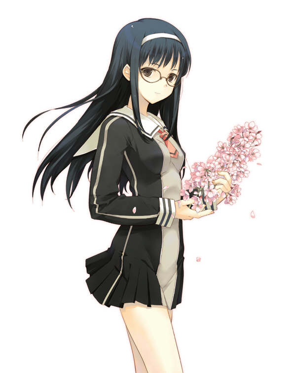 dasoku sentarou, original, blue hair, brown eyes, cherry blossoms, cowboy shot, flower, glasses, hairband, hanami, round eyewear, school uniform, serafuku, simple background, solo, white background