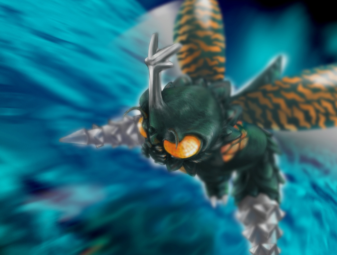 megalon, godzilla (series), godzilla vs. megalon (1973), commentary, 1other, antennae, beetle, bug, compound eyes, drill, drill hand, flying, giant, giant insect, giant monster, horns, insect, insect wings, kaiju, longpain, mandibles, motion blur, no humans, no pupils, single horn, solo, tail, tokusatsu, wings, yellow eyes