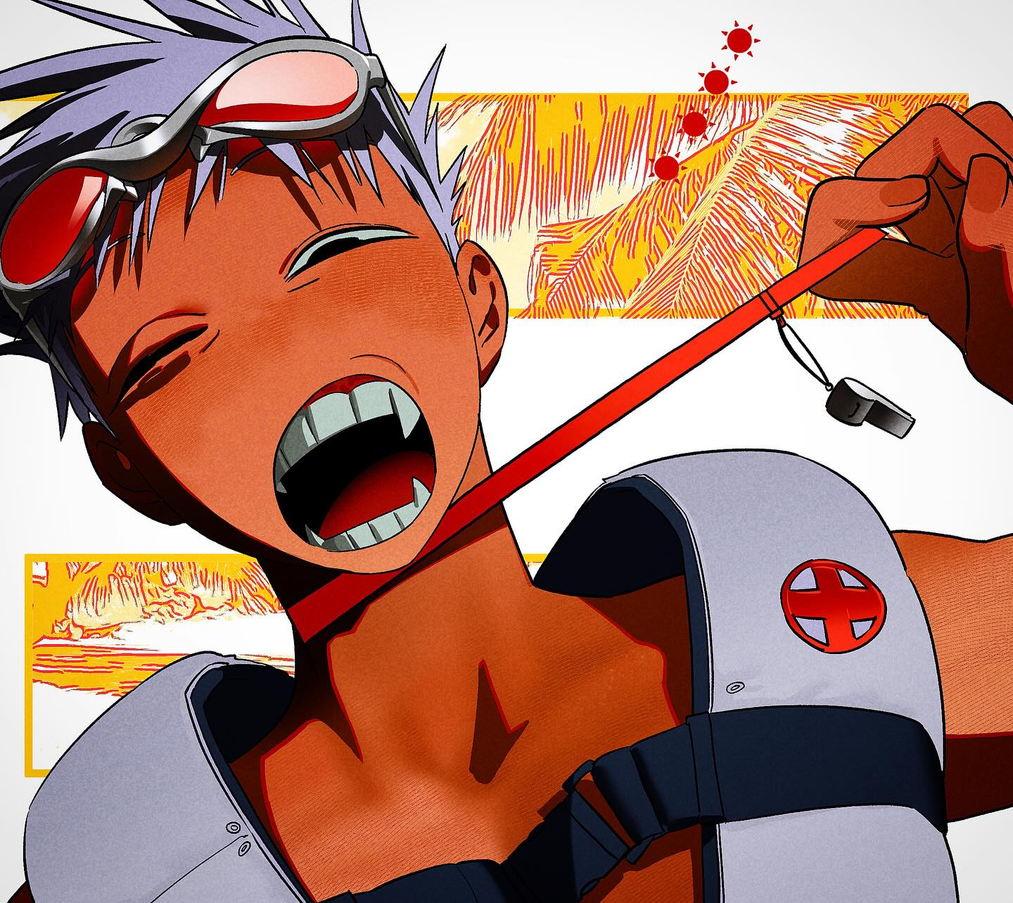 qmeng, original, highres, 1boy, :o, black eyes, cross, fangs, goggles, goggles on head, grey hair, life vest, lifeguard, male focus, one eye closed, open mouth, red cross, short hair, solo, teeth, very short hair, whistle, whistle around neck