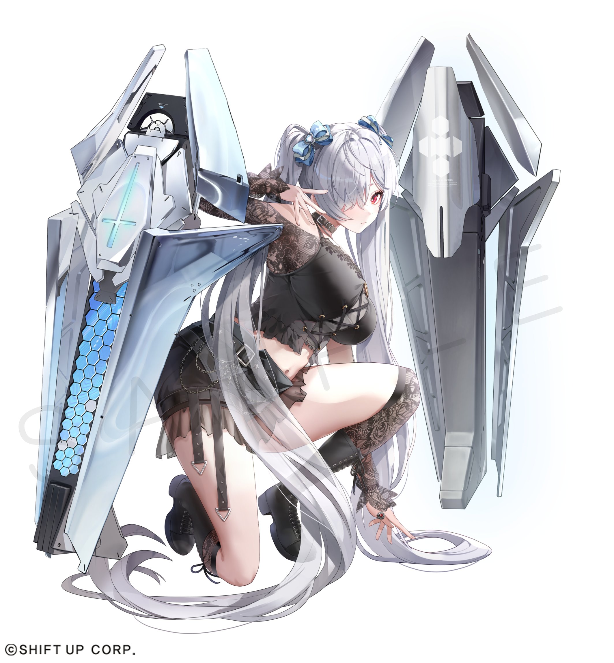 misyune, cinderella (nikke), goddess of victory: nikke, highres, 1girl, belt, black shirt, boots, bow, breasts, closed mouth, clothing cutout, cross-laced clothes, cross-laced top, full body, hair bow, hair over one eye, large breasts, long hair, looking at viewer, navel, on one knee, one eye covered, red eyes, see-through clothes, see-through sleeves, shield, shirt, shorts, simple background, skirt, solo, transparent background, twintails, very long hair, white background, white hair