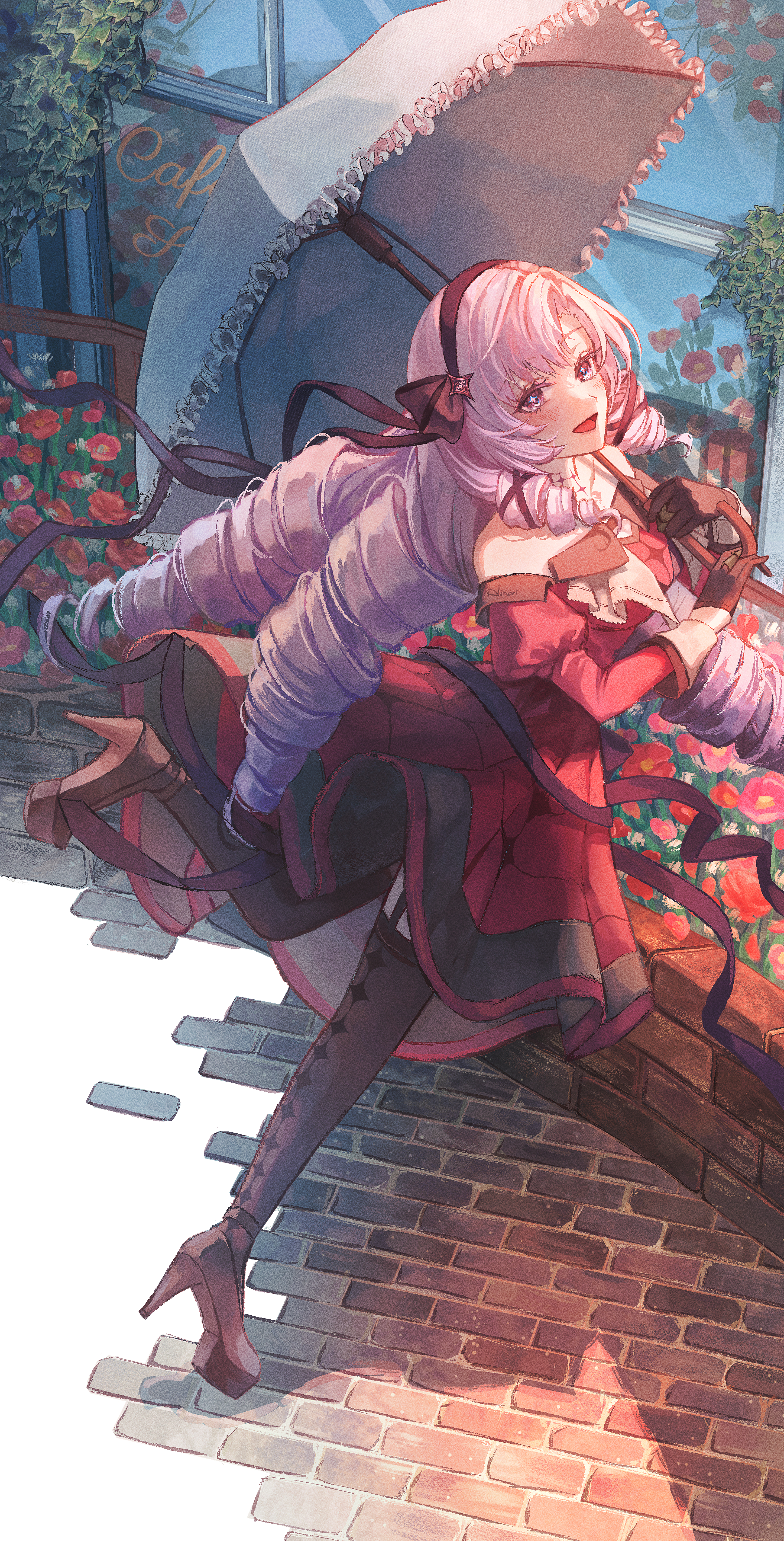 hinori (hinorinr), hyakumantenbara salome, hyakumantenbara salome (1st costume), nijisanji, absurdres, highres, 1girl, bare shoulders, black bow, black gloves, black hairband, black ribbon, black thighhighs, bow, brick road, bright pupils, brown shoes, bush, collared dress, day, dress, drill hair, eyelashes, floating clothes, floating hair, flower, full body, gloves, grey eyes, grey hair, hair bow, hair ribbon, hairband, happy, high heels, holding, holding umbrella, juliet sleeves, leg up, light blush, long hair, long sleeves, off-shoulder dress, off shoulder, open mouth, outdoors, parasol, peony (flower), pleated dress, puffy sleeves, red dress, red flower, ribbed thighhighs, ribbon, shoes, short dress, sidelocks, sleeve cuffs, smile, solo, stiletto heels, thighhighs, tress ribbon, umbrella, umbrella over shoulder, very long hair, virtual youtuber, white pupils, white sleeve cuffs, window