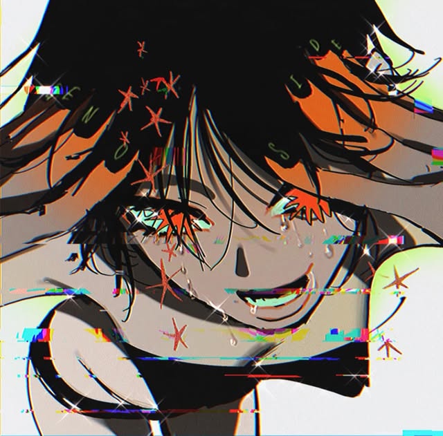 qmeng, original, 1girl, black hair, black nails, crying, glitch, hands on own head, leaning forward, open mouth, red eyes, short hair, solo, star (symbol)