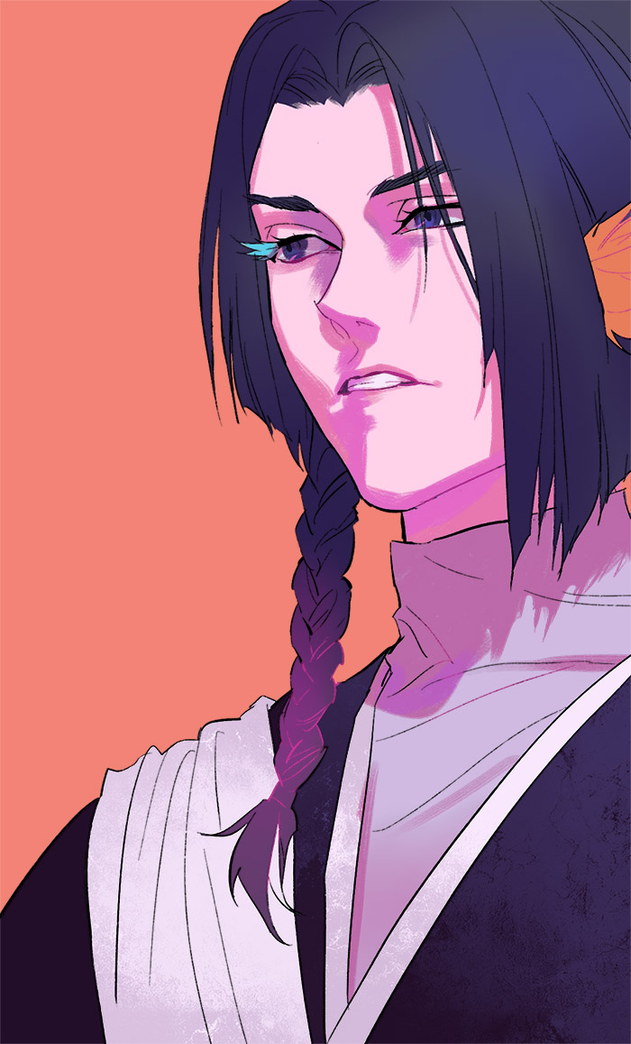 huangdanlan, ayasegawa yumichika, bleach, commentary, english commentary, 1boy, black hair, blue eyes, braid, clenched teeth, eyelashes, grey shirt, japanese clothes, looking ahead, male focus, orange background, shirt, solo, teeth, upper body