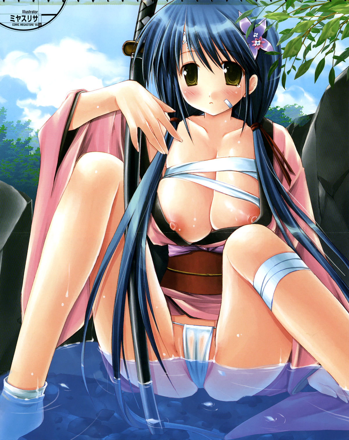 miyasu risa, comic megastore, highres, 00s, 1girl, 2005, arm support, bandage on face, bandaged leg, bandages, black hair, blush, breasts, brown eyes, cloud, collarbone, female focus, flower, fundoshi, hair flower, hair ornament, hair ribbon, japanese clothes, katana, kimono, large breasts, long hair, long sleeves, looking at viewer, low twintails, nipples, obi, open clothes, open kimono, open mouth, partially submerged, pink kimono, red ribbon, ribbon, rock, sarashi, sash, sheath, sheathed, sitting, sky, socks, solo, spread legs, sword, tears, tree, twintails, water, weapon, wet, white socks, wide sleeves