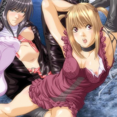 amane misa, misora naomi, death note, lowres, 00s, 2girls, arms up, blonde hair, breasts, brown eyes, choker, medium breasts, multiple girls, nipple slip, nipples, no bra, socks, torn clothes, two side up
