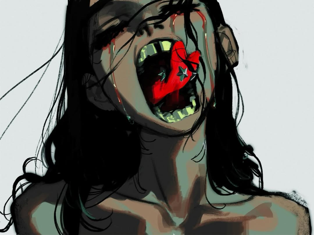 qmeng, original, 1girl, black hair, crying, horror (theme), long hair, open mouth, solo, star (symbol), tears, teeth, tongue