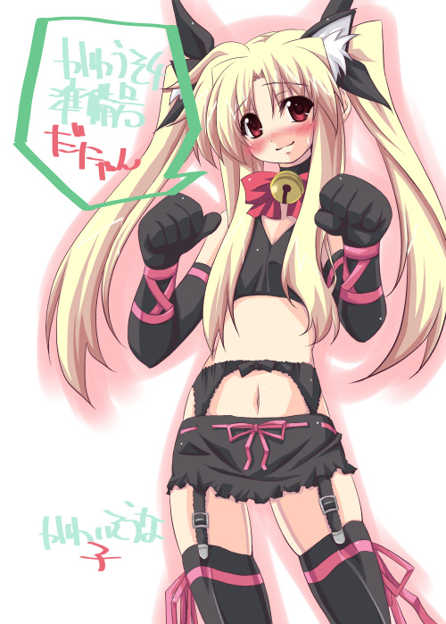 ichino, fate testarossa, lyrical nanoha, mahou shoujo lyrical nanoha, mahou shoujo lyrical nanoha strikers, 00s, animal ears, bell, cat ears, elbow gloves, flat chest, garter belt, gloves, lingerie, solo, thighhighs, underwear