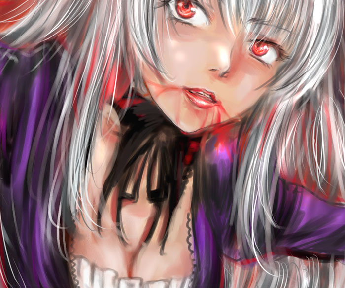 osakana (denpa yun'yun), suigintou, rozen maiden, silver hair, 00s, 1girl, blood, breasts, cleavage, close-up, female focus, lips, red eyes, solo