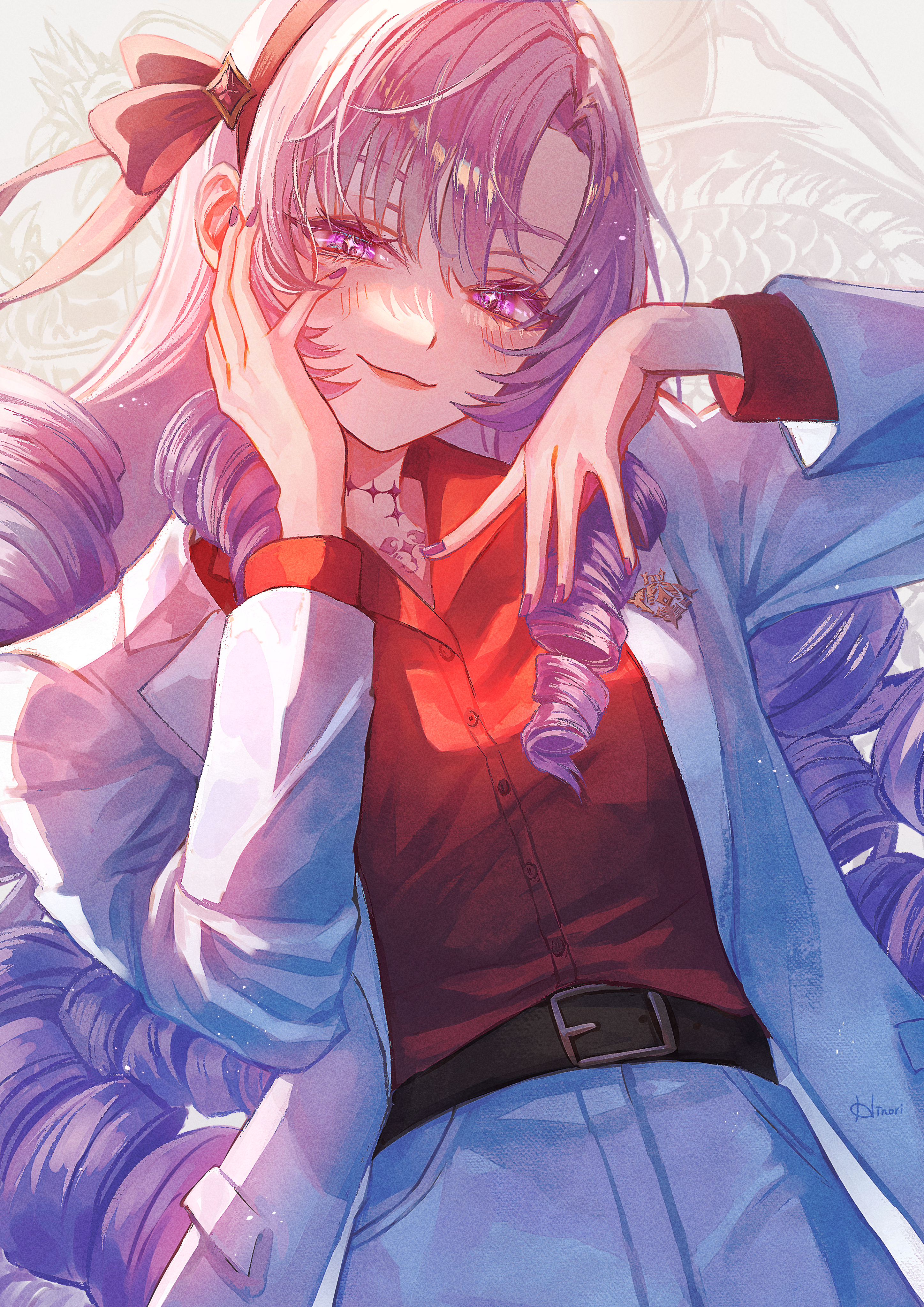 hinori (hinorinr), hyakumantenbara salome, kiryu kazuma, nijisanji, ryuu ga gotoku (series), absurdres, highres, 1girl, belt, belt buckle, black belt, bow, buckle, buttons, chest tattoo, closed mouth, coat, collared coat, collared shirt, cosplay, cowboy shot, diamond hair ornament, dot nose, dragon, dress pants, dress shirt, drill hair, eyelashes, gold buttons, gradient hair, hair between eyes, hair bow, hairband, hand on own cheek, hand on own face, happy, heart, heart tattoo, kiryu kazuma (cosplay), lapel pin, lapels, layered sleeves, light blush, light particles, lipstick, long hair, long sleeves, makeup, multicolored hair, nail polish, neck tattoo, notched lapels, open clothes, open coat, pants, pink lips, purple eyes, purple hair, purple nails, red bow, red hairband, red shirt, shirt, sidelocks, signature, smile, solo, standing, tattoo, very long hair, virtual youtuber, white background, white coat, white pants