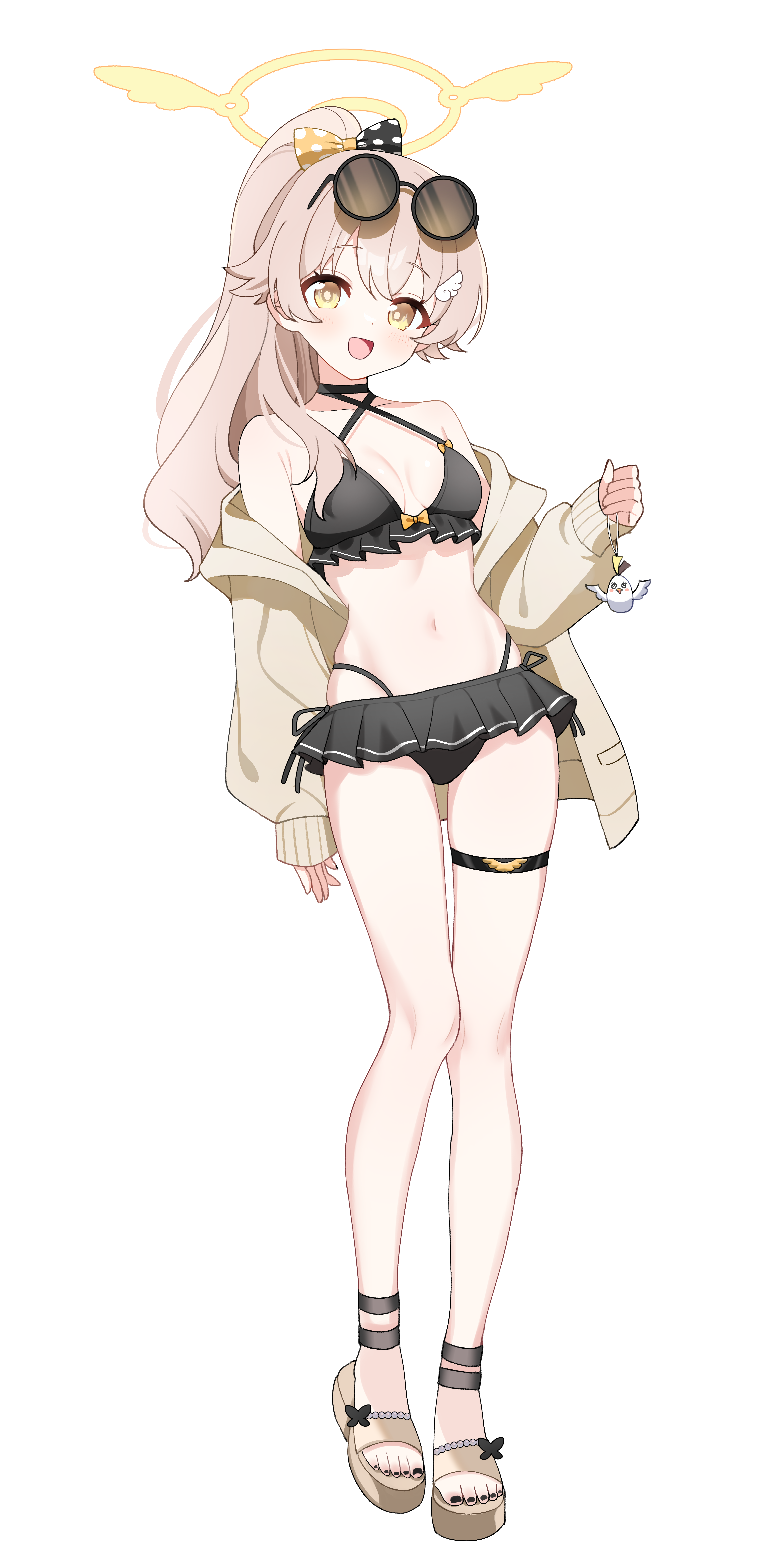 shusuchii, hifumi (blue archive), blue archive, absurdres, highres, 1girl, alternate costume, bikini, breasts, eyewear on head, full body, halo, sandals, simple background, small breasts, solo, swimsuit, toes, white background