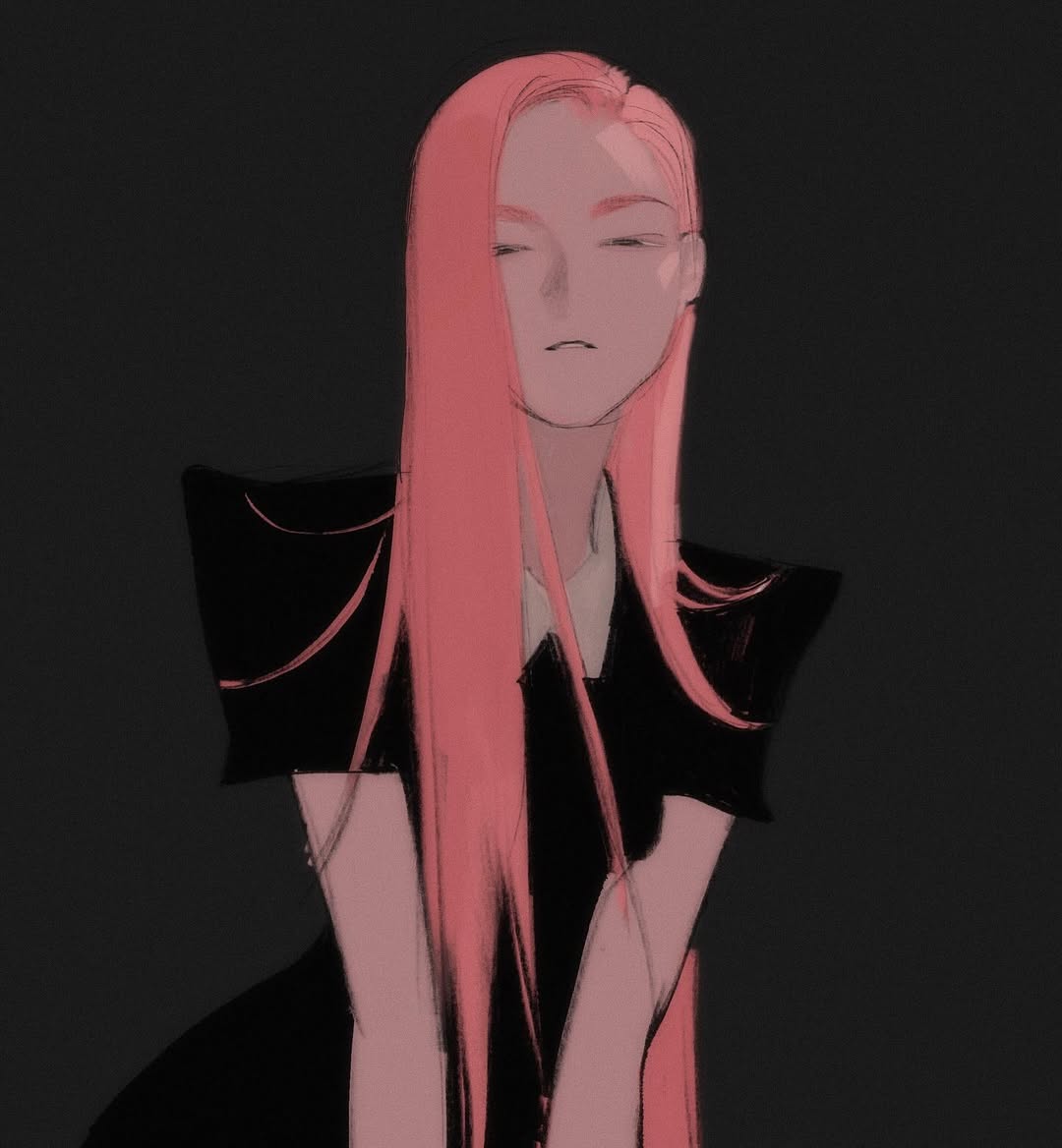 qmeng, original, 1girl, black dress, dress, grey background, long hair, parted lips, pink hair, short sleeves, simple background, solo