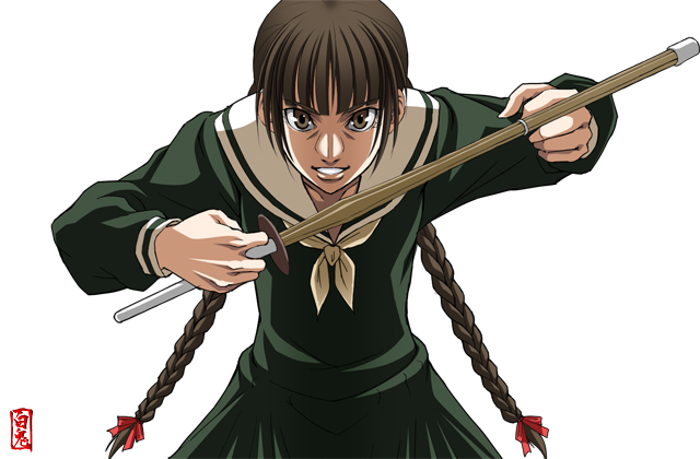 shiraki (artist), shimazu yoshino, maria-sama ga miteru, 00s, 1girl, angry, blunt bangs, braid, clenched teeth, dress, female focus, green dress, long hair, long sleeves, looking at viewer, sailor collar, sailor dress, simple background, solo, teeth, twin braids, very long hair, white background