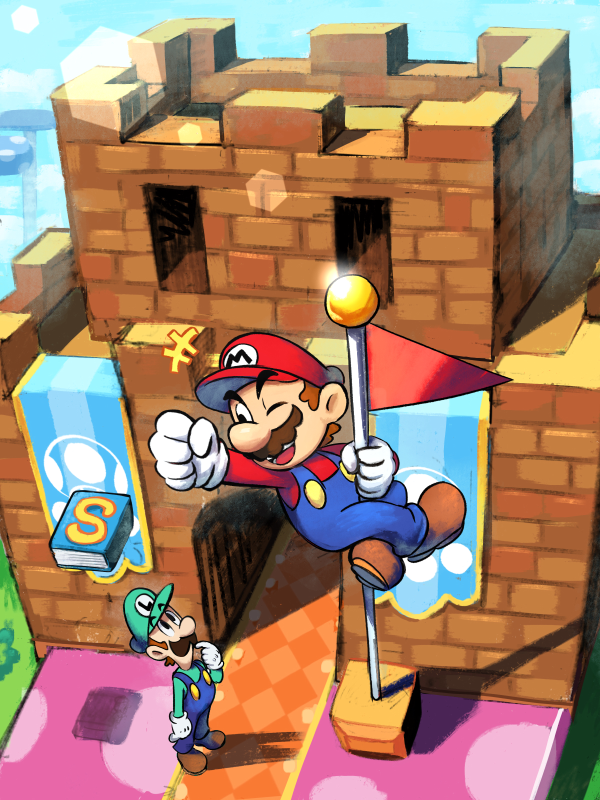 yamari (ya mari 6363), luigi, mario, mario & luigi: superstar saga, mario & luigi rpg, mario (series), nintendo, highres, 2boys, blue overalls, blue sky, boots, brick wall, brothers, brown boots, brown hair, building, clenched hand, day, facial hair, flagpole, gloves, green hat, green shirt, hat, in-universe location, looking at another, male focus, masanori sato (style), multiple boys, mustache, newsboy cap, one eye closed, open mouth, outdoors, overalls, red hat, red shirt, shirt, short hair, siblings, sky, white gloves