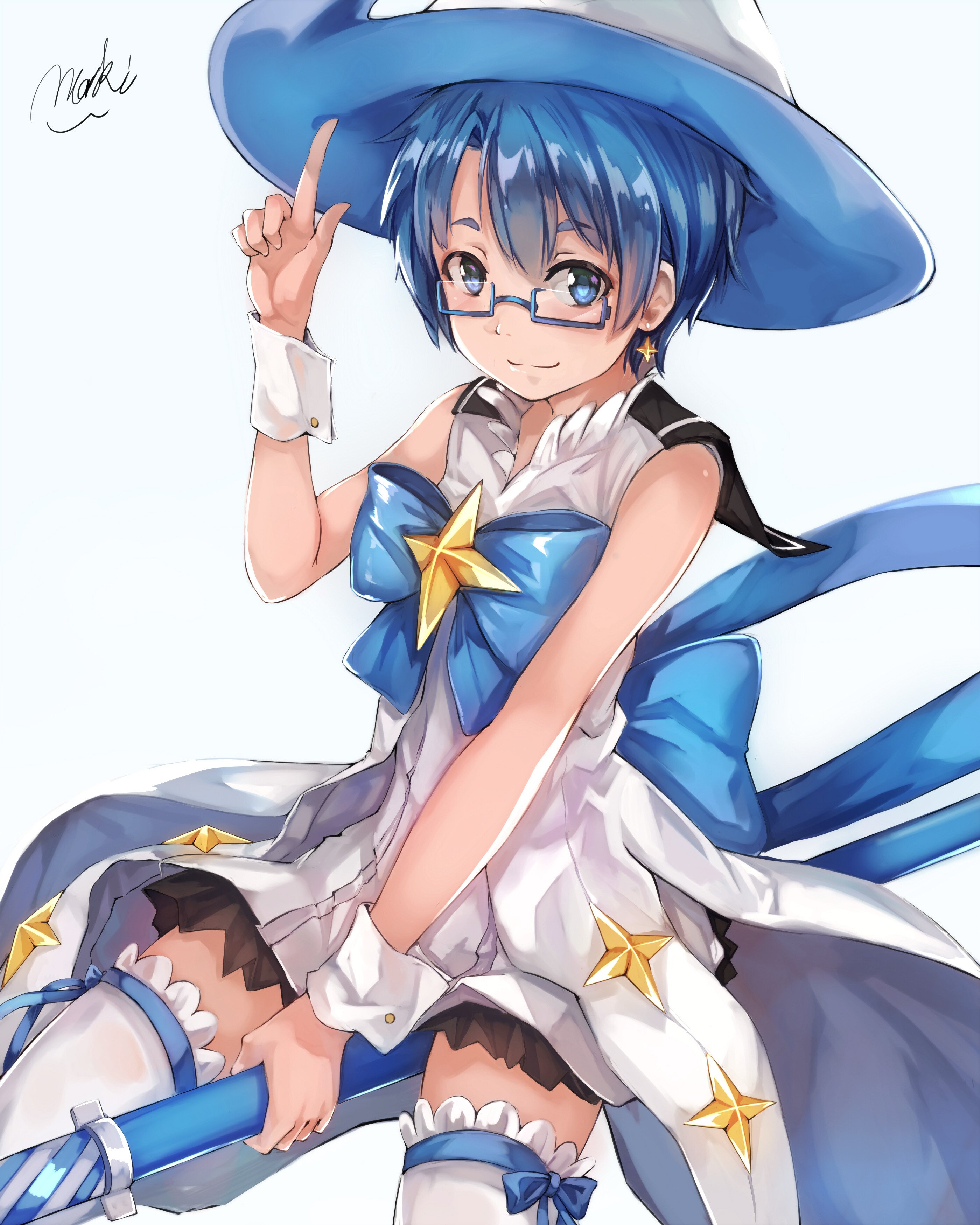 maki (maki pei), aoi (houkago no pleiades), houkago no pleiades, absurdres, commentary request, highres, 1girl, back bow, black skirt, blue-framed eyewear, blue bow, blue eyes, blue hair, blue ribbon, bow, cowboy shot, dress, earrings, finger on hat, frilled shirt collar, frilled thighhighs, frills, glasses, hair between eyes, hat, holding, holding staff, index finger raised, jewelry, large hat, layered dress, looking at viewer, magical girl, parted bangs, pixie cut, pleated skirt, ribbon, semi-rimless eyewear, short hair, signature, simple background, single earring, skirt, sleeveless, sleeveless dress, smile, solo, staff, staff riding, star (symbol), star earrings, thighhighs, two-tone hat, white background, white dress, white hat, wrist cuffs, zettai ryouiki