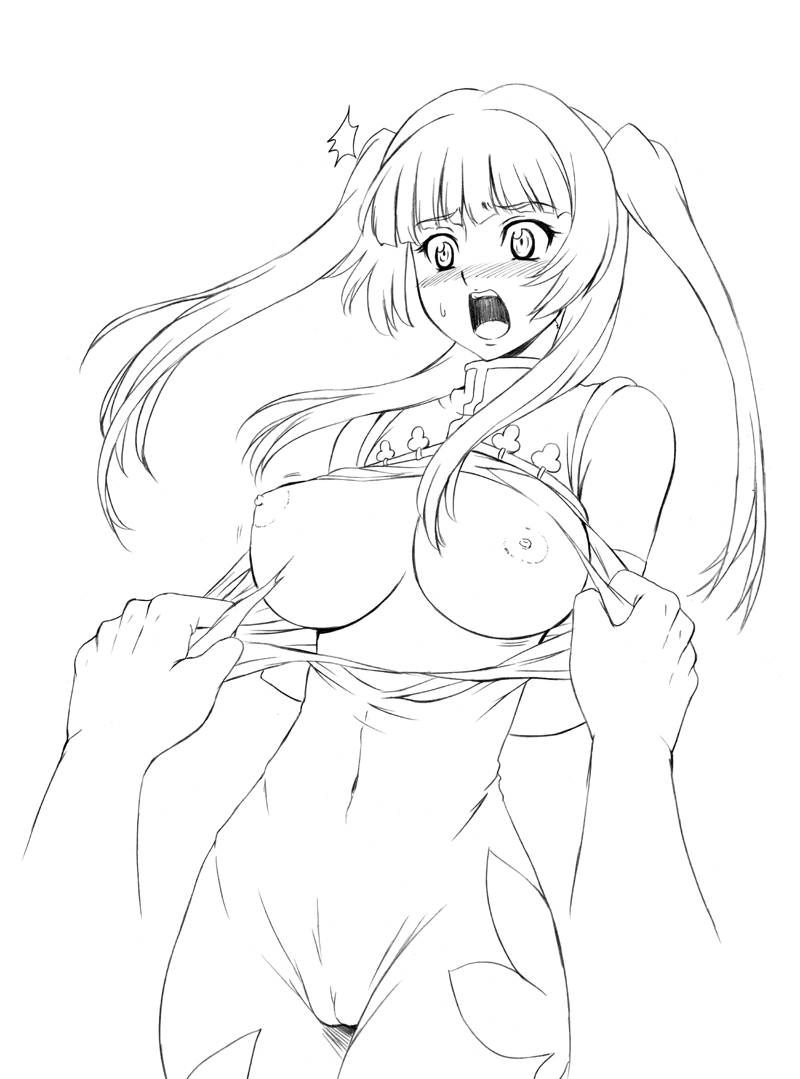 akiyama kenta, wang liu mei, gundam, gundam 00, 00s, 1boy, 1girl, arms behind back, assisted exposure, bare shoulders, blush, breasts, cameltoe, china dress, chinese clothes, dress, elbow gloves, fat mons, gloves, greyscale, hetero, imminent rape, large breasts, lineart, long hair, monochrome, nipples, open mouth, quad tails, rape, simple background, skinny, slender, solo focus, surprised, tearing clothes, tight clothes, torn clothes, twintails