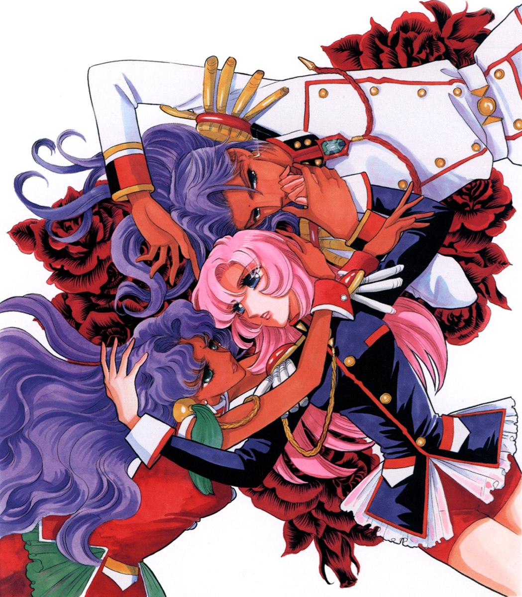 saitou chiho, himemiya anthy, ootori akio, tenjou utena, shoujo kakumei utena, highres, scan, 1990s (style), 1boy, 2girls, aiguillette, flower, multiple girls, retro artstyle, rose