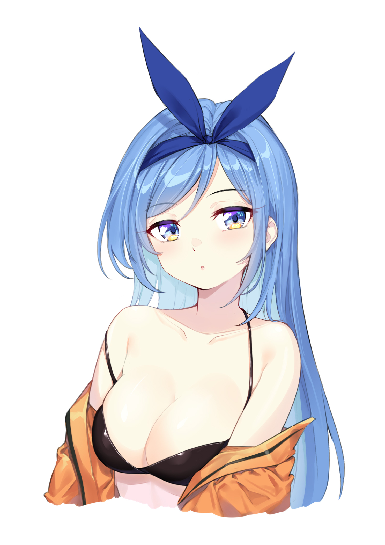 coffeekite, bae minah (chaesu), original, 1girl, arms at sides, bare shoulders, bikini, black bikini, blue bikini, blue eyes, blue hair, blue hairband, borrowed character, bow hairband, breasts, cleavage, collarbone, cropped torso, hairband, jacket, jacket partially removed, long hair, looking at viewer, medium breasts, multicolored eyes, off shoulder, open clothes, open jacket, orange jacket, parted bangs, parted lips, simple background, solo, straight hair, strap slip, swimsuit, white background, yellow eyes