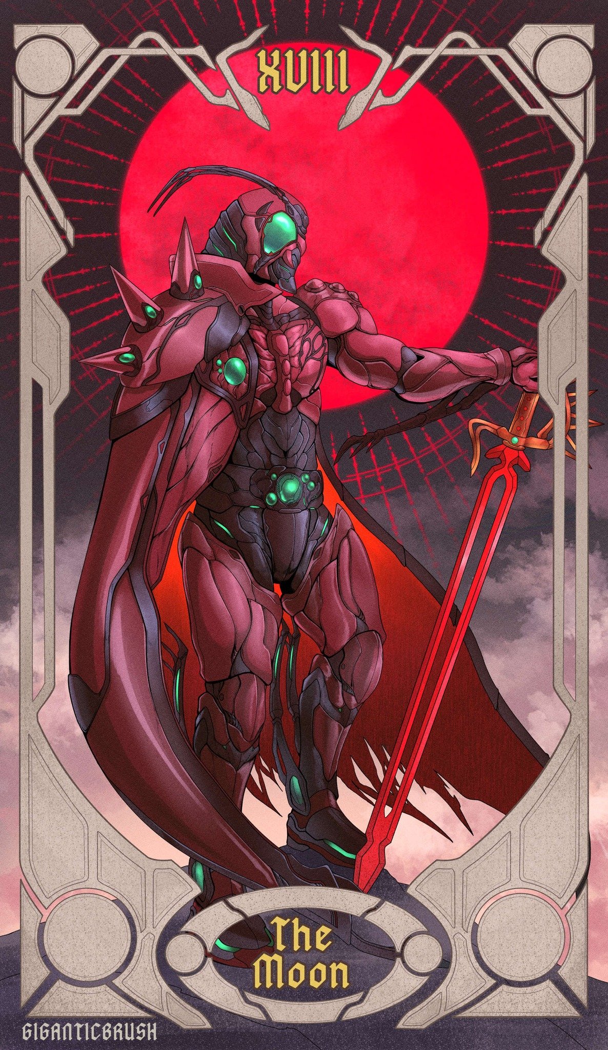 giganticbrush, shadow moon, kamen rider, kamen rider black (series), highres, 1boy, antennae, armor, belt, cape, card, card (medium), compound eyes, english text, full body, gloves, green eyes, helmet, holding, holding sword, holding weapon, kingstone, male focus, moon, official alternate color, planted, planted sword, planted weapon, red armor, red eyes, rider belt, roman numeral, satan saber, solo, standing, sword, tarot, tarot (medium), tarot card, the moon (tarot), tokusatsu, weapon