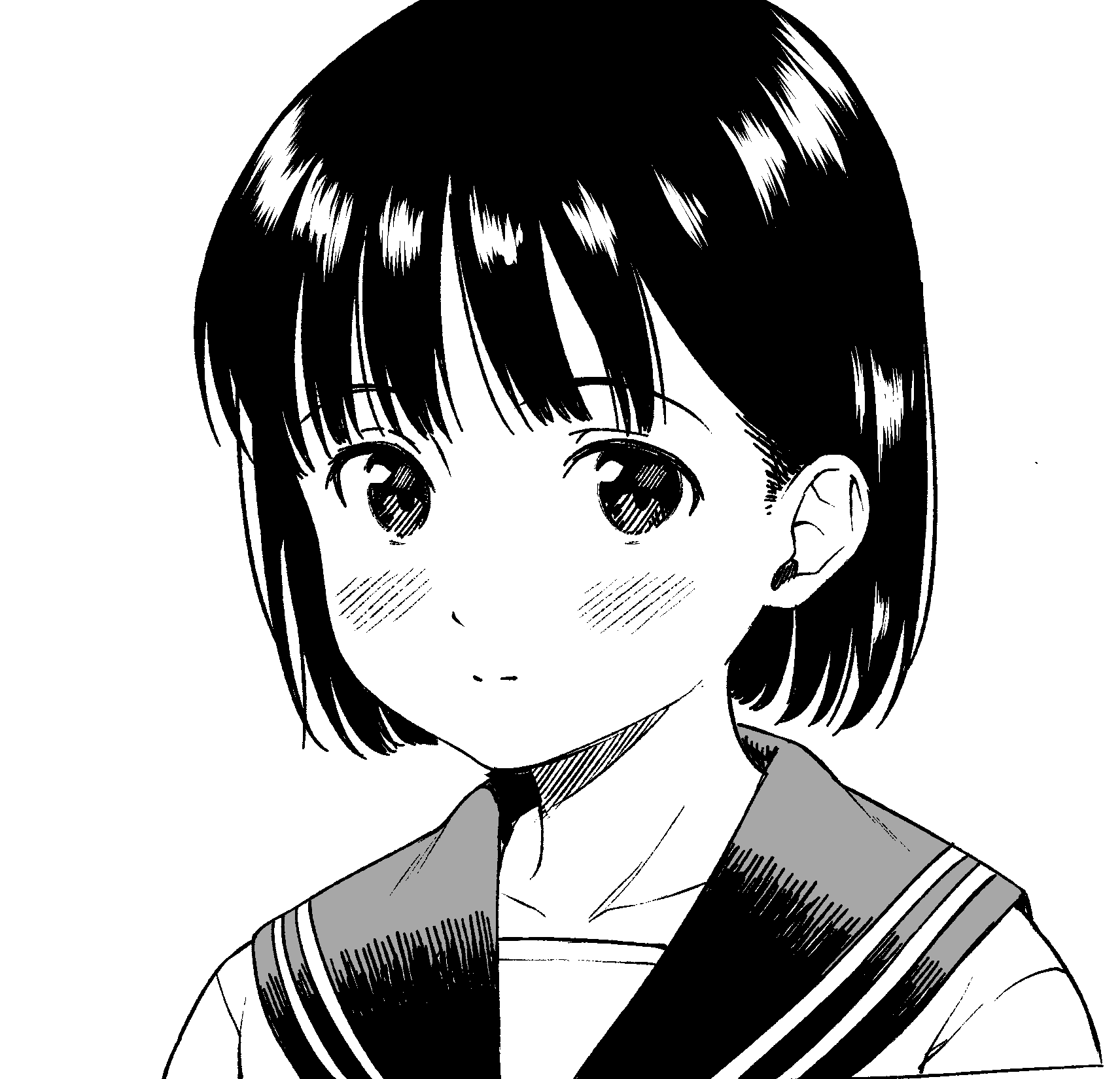 shinkun (natsume so), original, highres, 1girl, blush, close-up, closed mouth, collarbone, greyscale, looking at viewer, monochrome, portrait, sailor collar, school uniform, serafuku, short hair, simple background, solo, white background