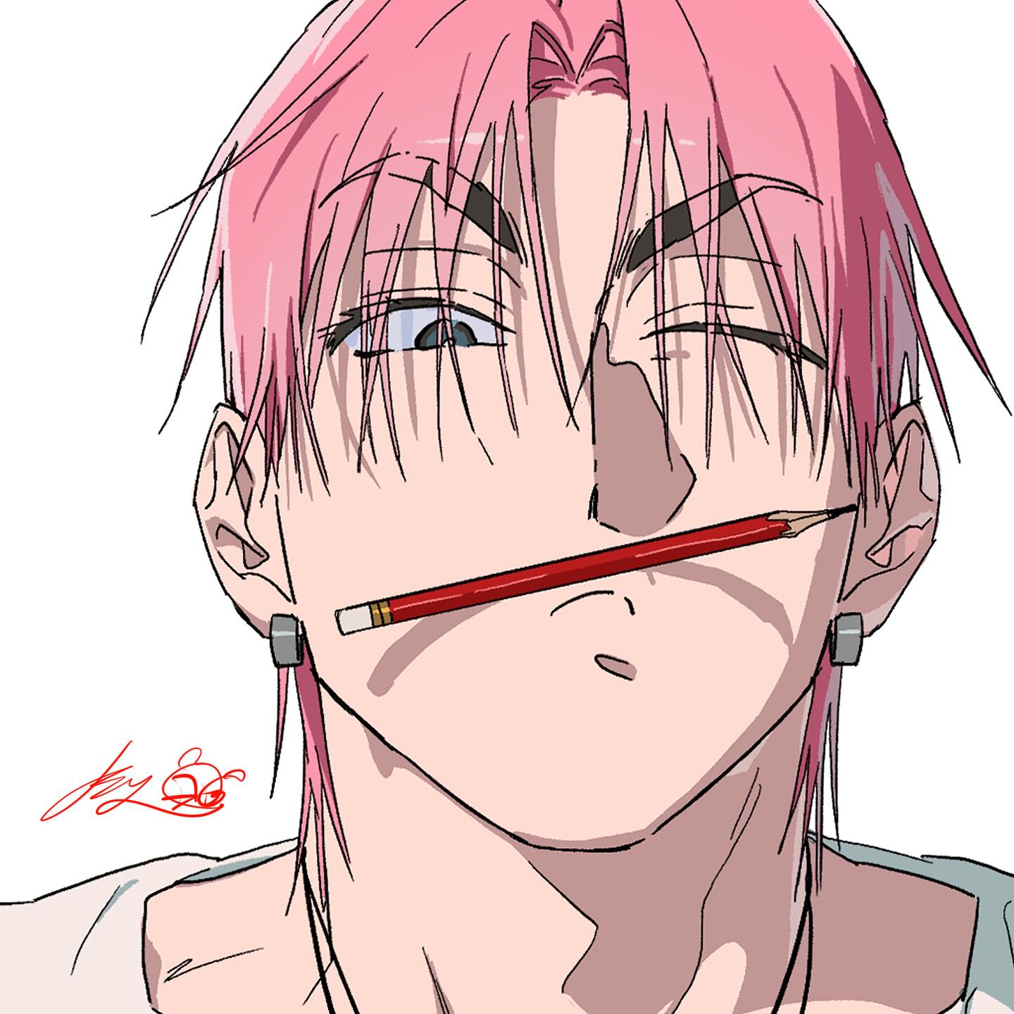 qmeng, commentary request, highres, korean commentary, official art, 1boy, earrings, jewelry, male focus, one eye closed, pencil, pencil as mustache, pink hair, quiet please!, shin yi-hyuk, short hair, signature, solo