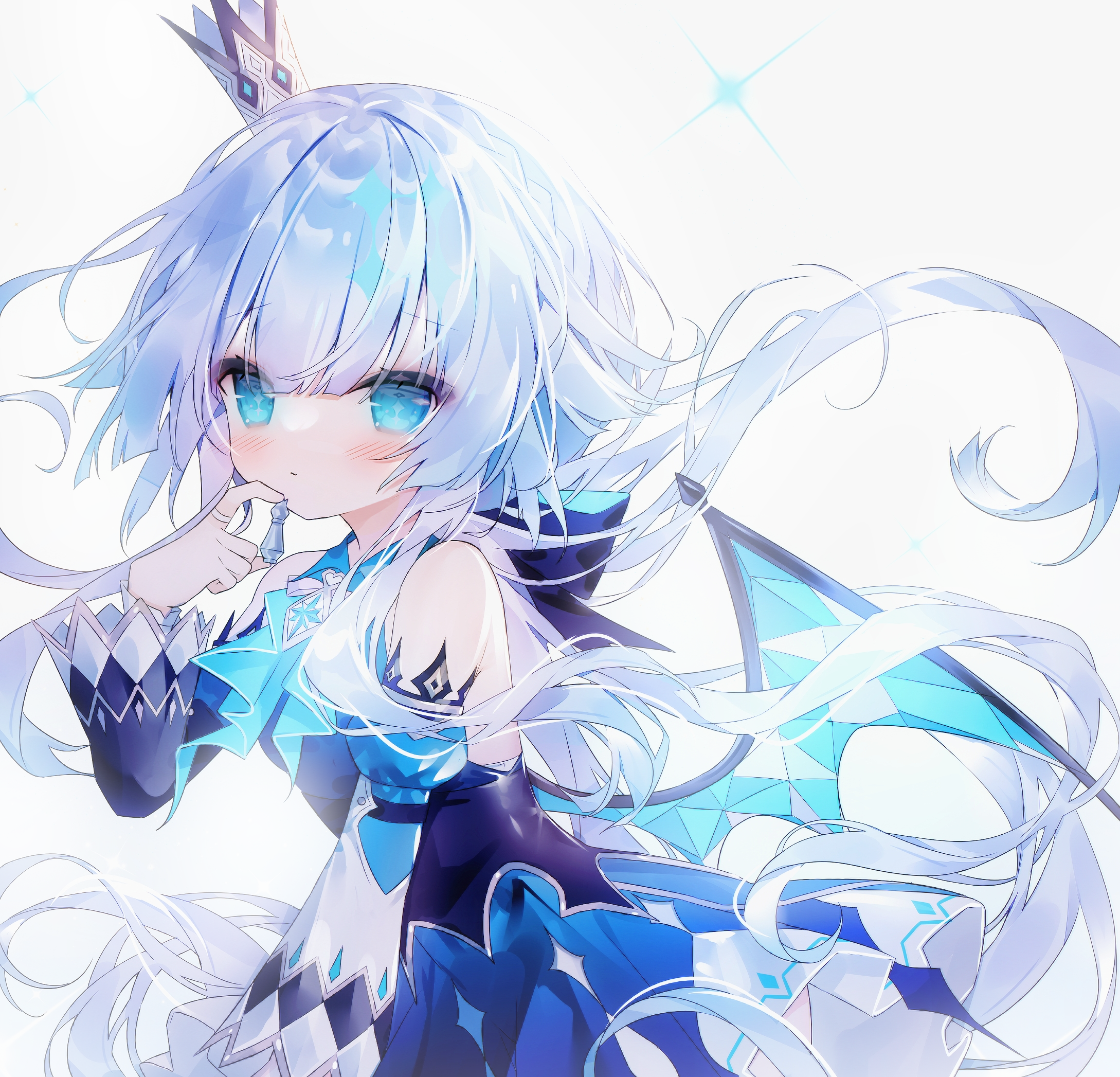 guo jiang mullay, cerydra (honkai: star rail), honkai: star rail, honkai (series), highres, 1girl, bare shoulders, black sleeves, blue dress, blue eyes, blue hair, blue sleeves, blue wings, blush, braid, closed mouth, crown, detached sleeves, dress, grey background, hair between eyes, hand up, juliet sleeves, long hair, long sleeves, looking at viewer, mini crown, puffy sleeves, simple background, solo, tilted headwear, very long hair, white background, white hair, wings