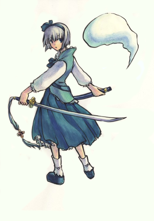 onimaru gonpei, konpaku youmu, konpaku youmu (ghost), touhou, 1girl, female focus, hitodama, katana, solo, sword, weapon
