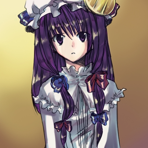 onimaru gonpei, patchouli knowledge, touhou, beige background, lowres, 1girl, :o, crescent, dress, expressionless, female focus, frills, hat, long hair, long sleeves, looking at viewer, mob cap, parted lips, purple eyes, purple hair, simple background, solo, very long hair, white dress