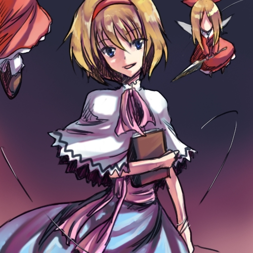 onimaru gonpei, alice margatroid, shanghai doll, touhou, lowres, 1girl, ascot, blue dress, blue eyes, book, capelet, dress, fairy wings, female focus, head tilt, looking at viewer, red dress, sash, solo, string, wings