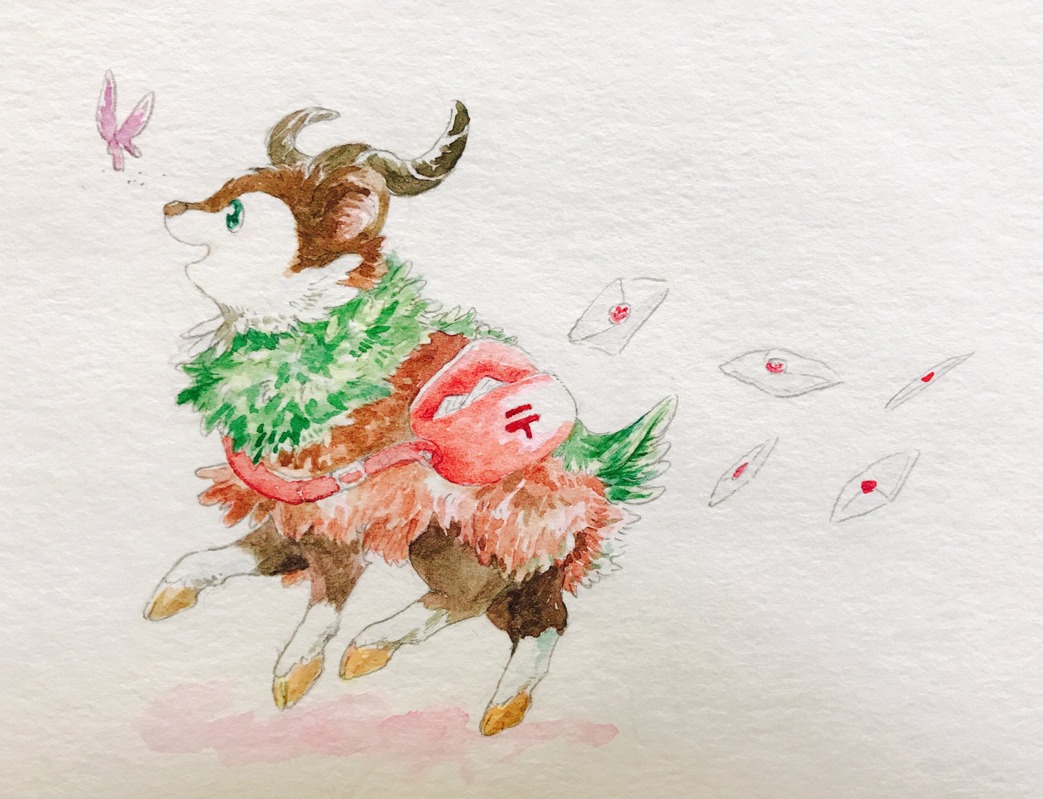 mint nappa, skiddo, nintendo, pokemon, commentary request, highres, painting (medium), traditional media, watercolor (medium), animal focus, bug, butterfly, envelope, full body, gen 6 pokemon, green eyes, insect, mailbag, no humans, open mouth, paper texture, purple butterfly, simple background, solo