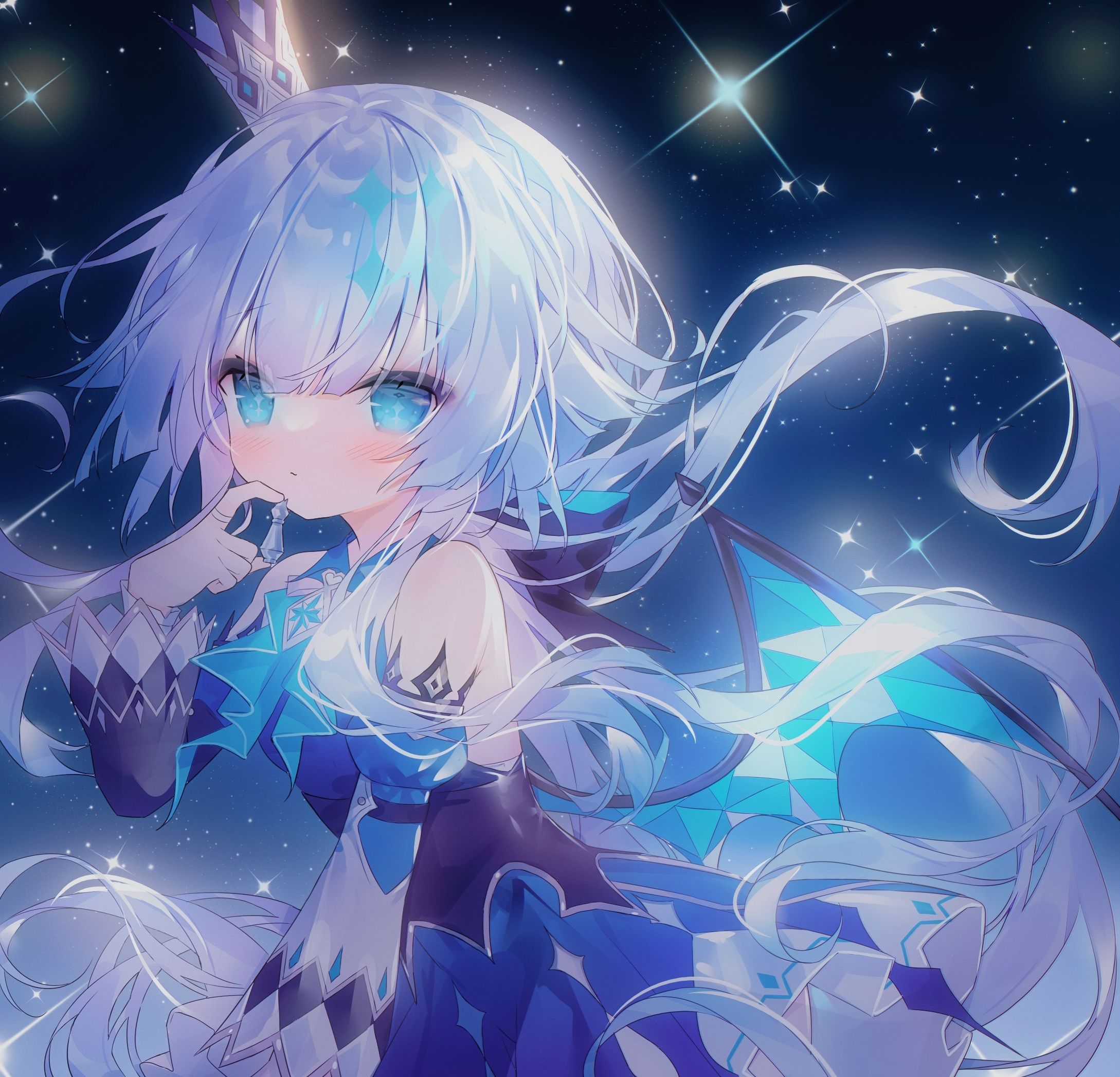 guo jiang mullay, cerydra (honkai: star rail), honkai: star rail, honkai (series), highres, 1girl, bare shoulders, black sleeves, blue dress, blue eyes, blue hair, blue sleeves, blue wings, blush, braid, closed mouth, crown, detached sleeves, dress, hair between eyes, hand up, juliet sleeves, long hair, long sleeves, looking at viewer, mini crown, night, night sky, puffy sleeves, sky, solo, star (sky), starry sky, very long hair, white hair, white sleeves, wings