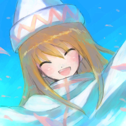 onimaru gonpei, lily white, touhou, lowres, 1girl, :d, ^ ^, blonde hair, blush, close-up, closed eyes, dress, female focus, hat, open mouth, smile, solo, tate eboshi, upper body, white dress