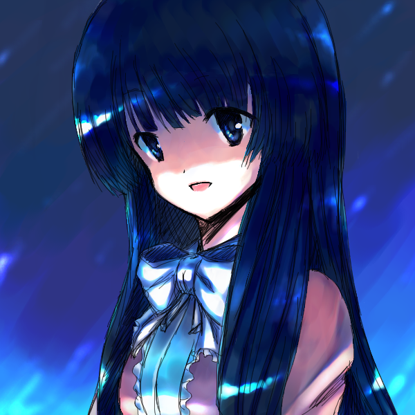 onimaru gonpei, houraisan kaguya, touhou, 1girl, black hair, blue eyes, blue hair, blunt bangs, bow, bowtie, female focus, food, long hair, long sleeves, matching hair/eyes, open mouth, ribbon, solo, sparkle, upper body, white bow, white bowtie
