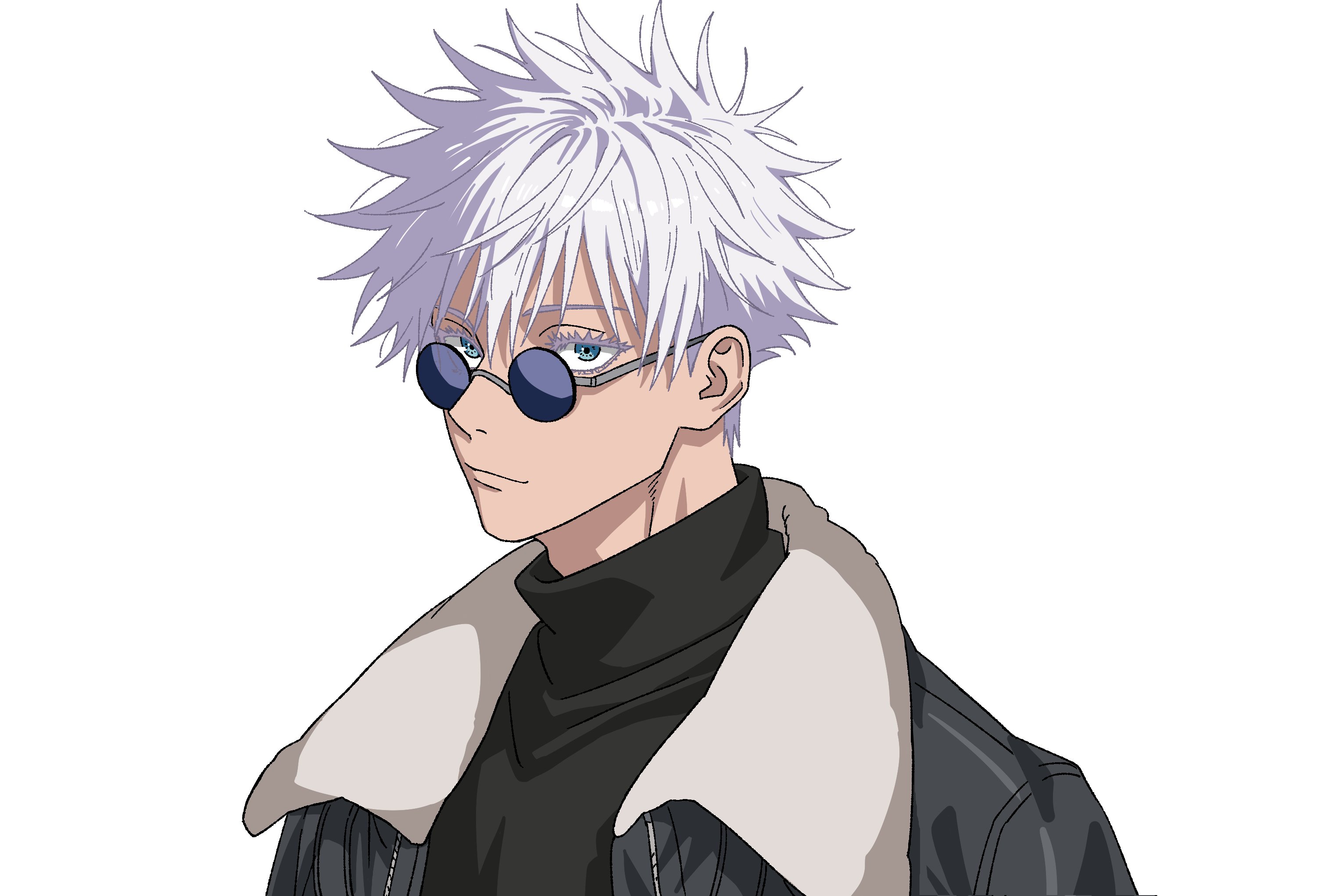 gojou satoru, jujutsu kaisen, highres, 1boy, alternate costume, blue eyes, closed mouth, colored eyelashes, jacket, male focus, round eyewear, simple background, spiked hair, sunglasses, two-sided fabric, two-sided jacket, upper body, v0idzenin, white background, white eyelashes, white hair