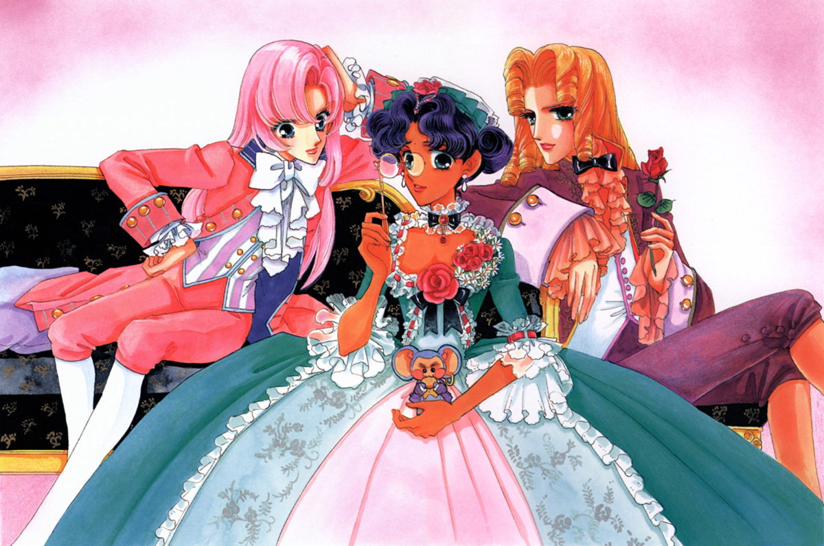 saitou chiho, arisugawa juri, chu chu, chu chu (shoujo kakumei utena), himemiya anthy, tenjou utena, shoujo kakumei utena, official art, scan, 1990s (style), 3girls, choker, dress, flower, frills, gathers, gown, multiple girls, retro artstyle, ribbon, rose