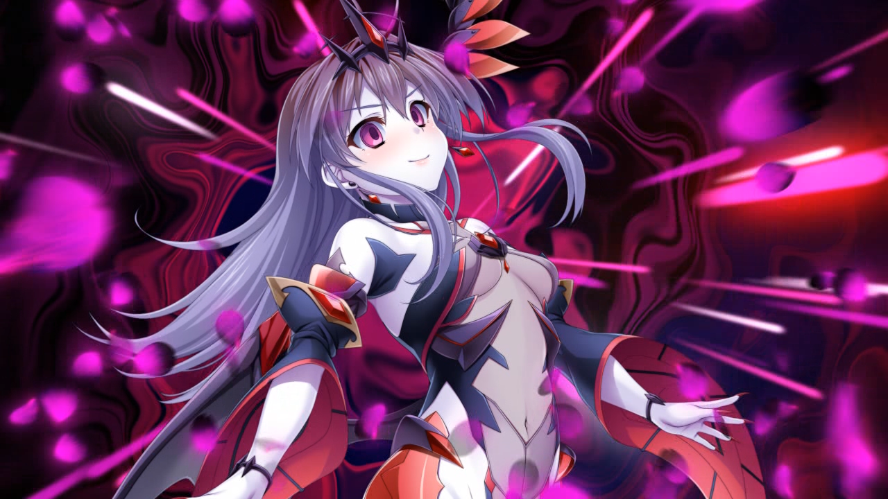 kamitsurugi ouka, aikawa haruno, kouyoku senki exs-tia concert, game cg, non-web source, official art, 1girl, alternate eye color, bare shoulders, blush, breasts, chest jewel, corruption, dark exs-tia inferno, dark persona, detached sleeves, earrings, grey hair, hair ornament, jewelry, long hair, looking at viewer, medium breasts, navel, pale skin, possessed, purple eyes, purple hair, red eyes, smile, solo, tiara