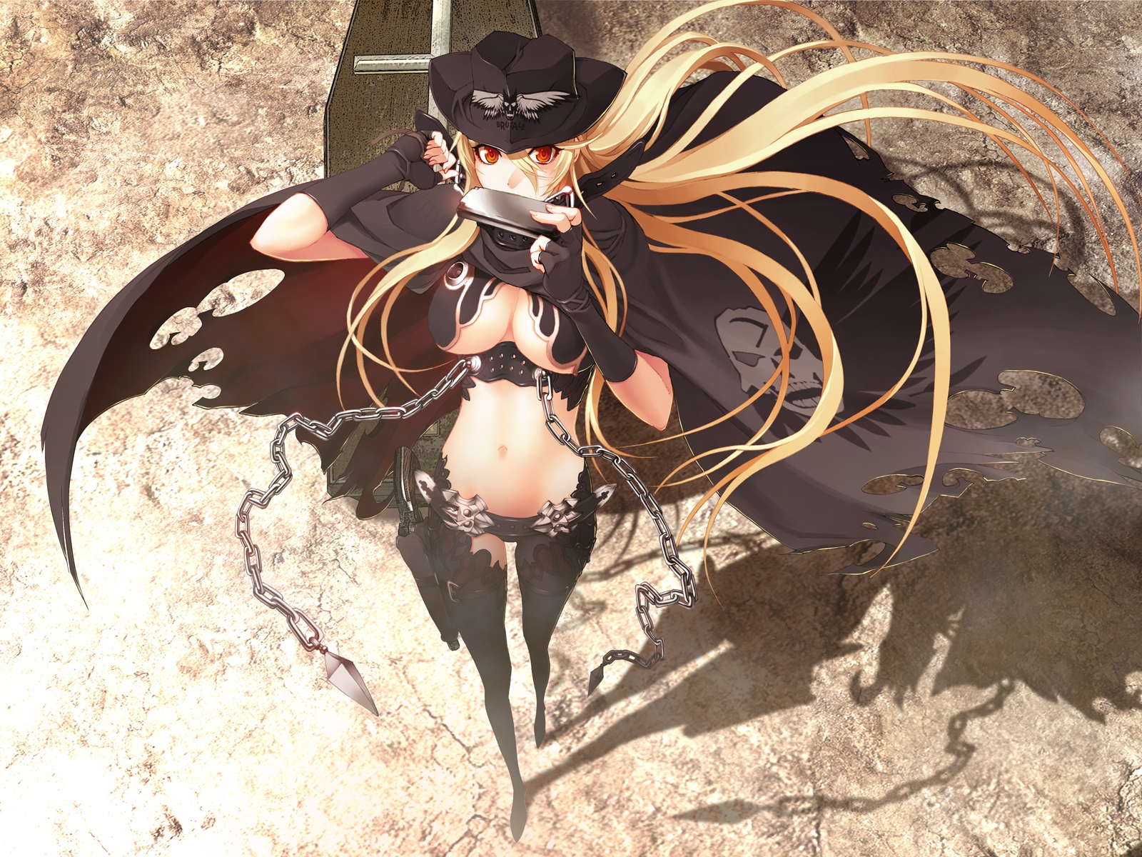 nishii (damnedrive), donne anonime, nitroplus, zoku satsuriku no django, highres, non-web source, 1girl, blonde hair, breasts, cape, chain, cleavage, coffin, cowboy hat, cowboy western, female focus, fingerless gloves, foreshortening, from above, gloves, gun, handgun, harmonica, hat, instrument, large breasts, long hair, midriff, pistol, red eyes, revolver, shadow, solo, thigh strap, thighhighs, torn clothes, underboob, very long hair, weapon