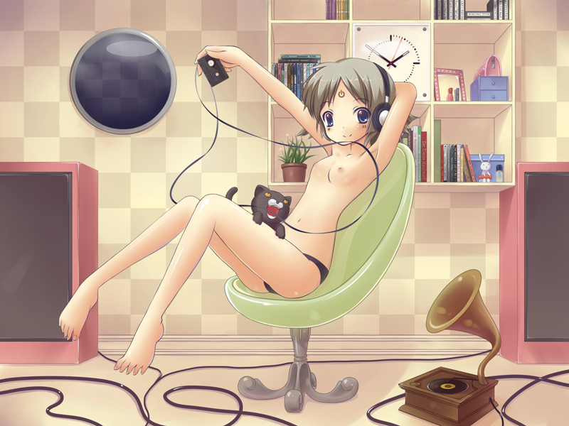 amarotamaro, original, 1girl, barefoot, blue eyes, breasts, cat, female focus, flat chest, headphones, nipples, panties, phonograph, short hair, sitting, small breasts, solo, topless female, underwear