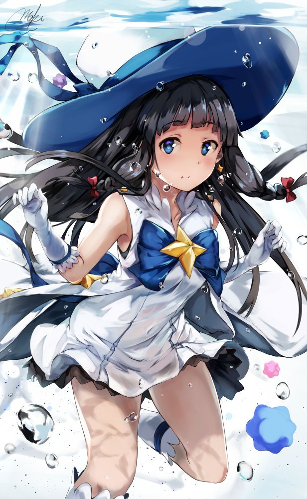 maki (maki pei), itsuki (houkago no pleiades), houkago no pleiades, commentary request, 1girl, air bubble, back bow, black hair, black skirt, blue bow, blue eyes, blue hat, blunt bangs, bow, braid, bubble, candy, dress, earrings, elbow gloves, floating hair, food, foot out of frame, foot up, frilled shirt collar, frills, gloves, hat, holding breath, jewelry, kneehighs, large hat, layered dress, light blush, long hair, looking at viewer, magical girl, puffy cheeks, signature, single earring, skirt, smile, socks, solo, star (symbol), star earrings, submerged, thighs, twin braids, two-tone hat, underwater, water, white dress, white gloves, white hat