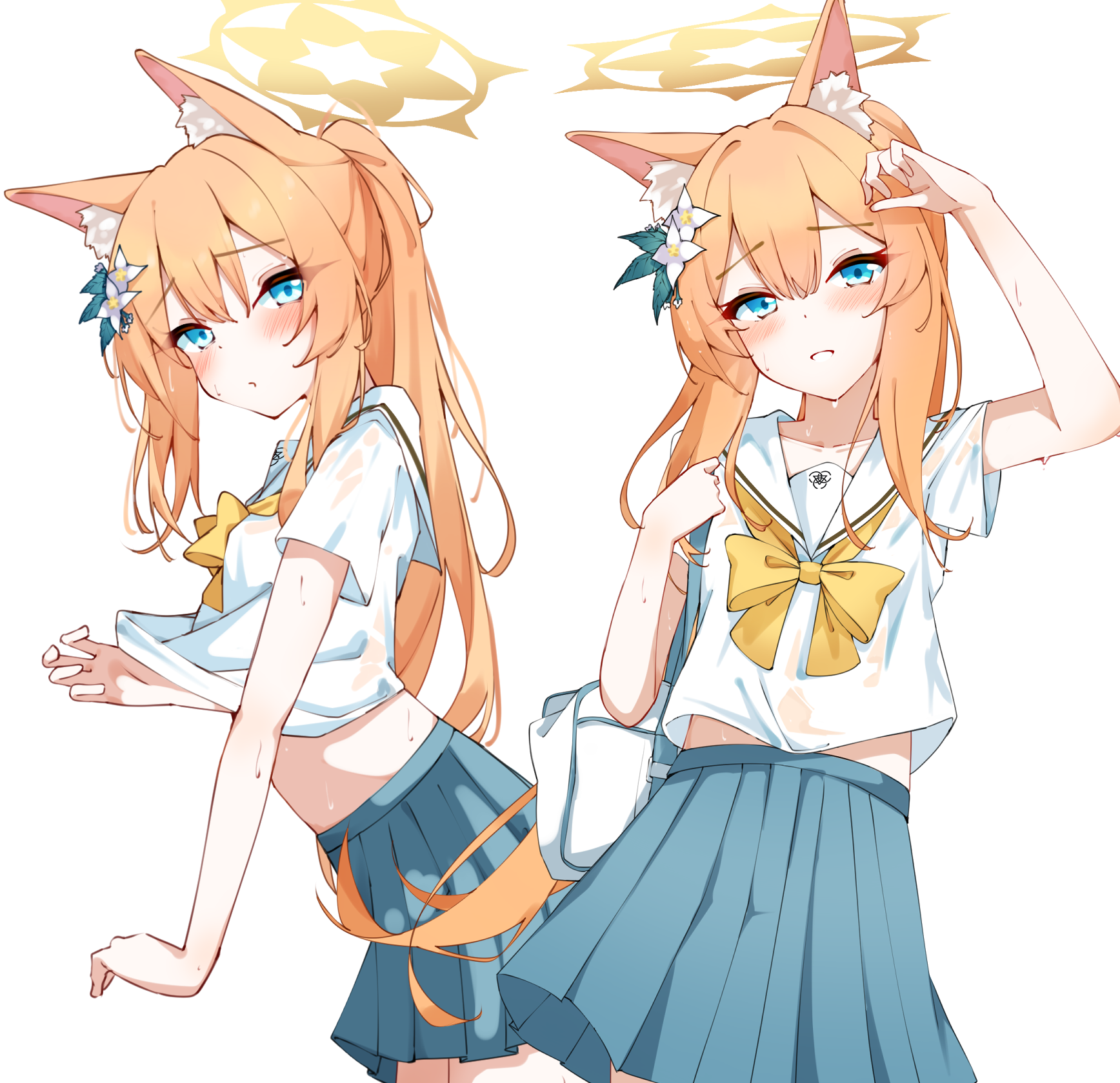kabocya na, mari (blue archive), blue archive, highres, 1girl, animal ear fluff, animal ears, aqua skirt, arm up, bag, blue eyes, blush, cat ears, collared shirt, flower, hair between eyes, hair flower, hair ornament, halo, long hair, long sidelocks, looking at viewer, midriff peek, multiple views, neckerchief, open mouth, orange hair, pleated skirt, ponytail, school bag, school uniform, serafuku, shirt, shoulder bag, sidelocks, simple background, skirt, sweat, very long hair, white background, white flower, white shirt, yellow halo, yellow neckerchief