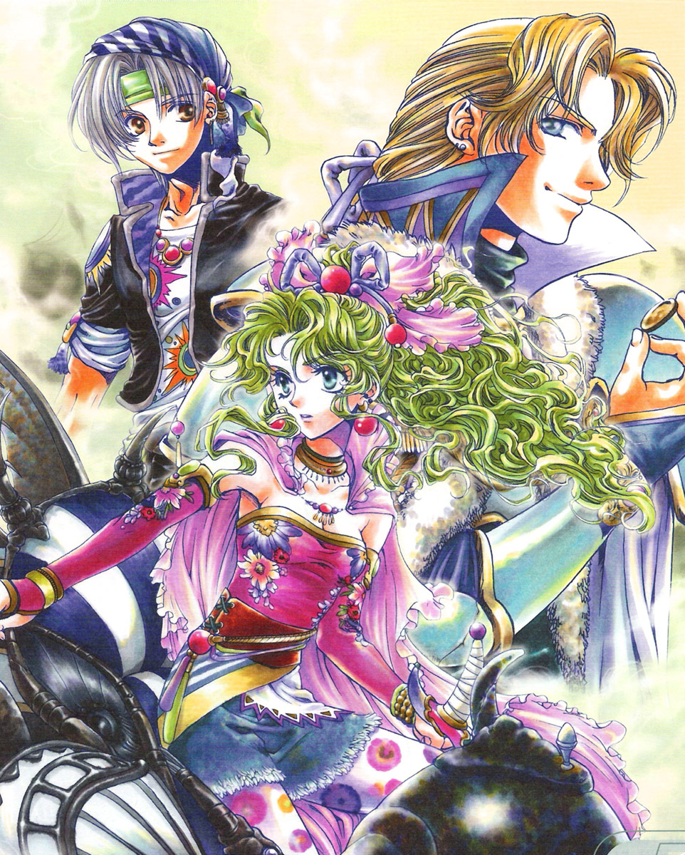 edgar roni figaro, locke cole, tina branford, final fantasy, final fantasy vi, highres, scan, 1990s (style), 1girl, 2boys, bow, mecha, multiple boys, pantyhose, pink bow, retro artstyle, robot