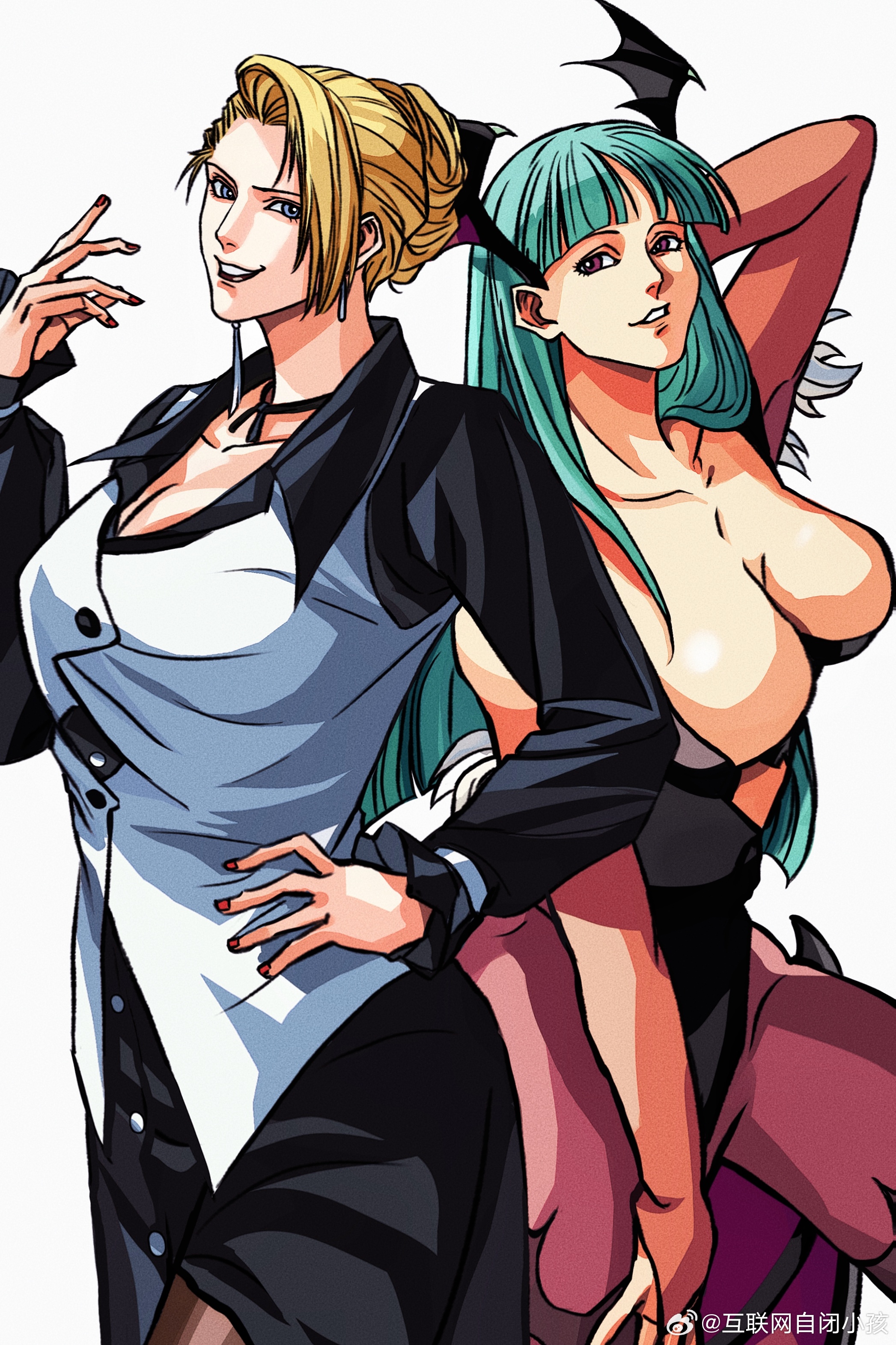 111218422, mature (kof), morrigan aensland, darkstalkers, the king of fighters, absurdres, highres, 2girls, black leotard, blonde hair, blunt bangs, breasts, bridal gauntlets, cleavage, demon wings, earrings, green hair, hand on own hip, head wings, jewelry, leotard, long hair, looking at viewer, multiple girls, red eyes, red nails, smile, white background, wings