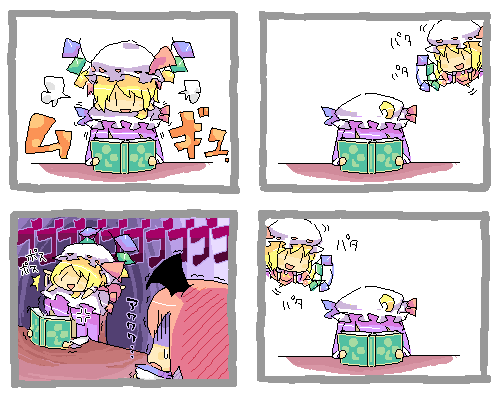 mitsuji mitsuyoshi, flandre scarlet, koakuma, patchouli knowledge, embodiment of scarlet devil, touhou, lowres, 4koma, comic, female focus, oekaki, silent comic
