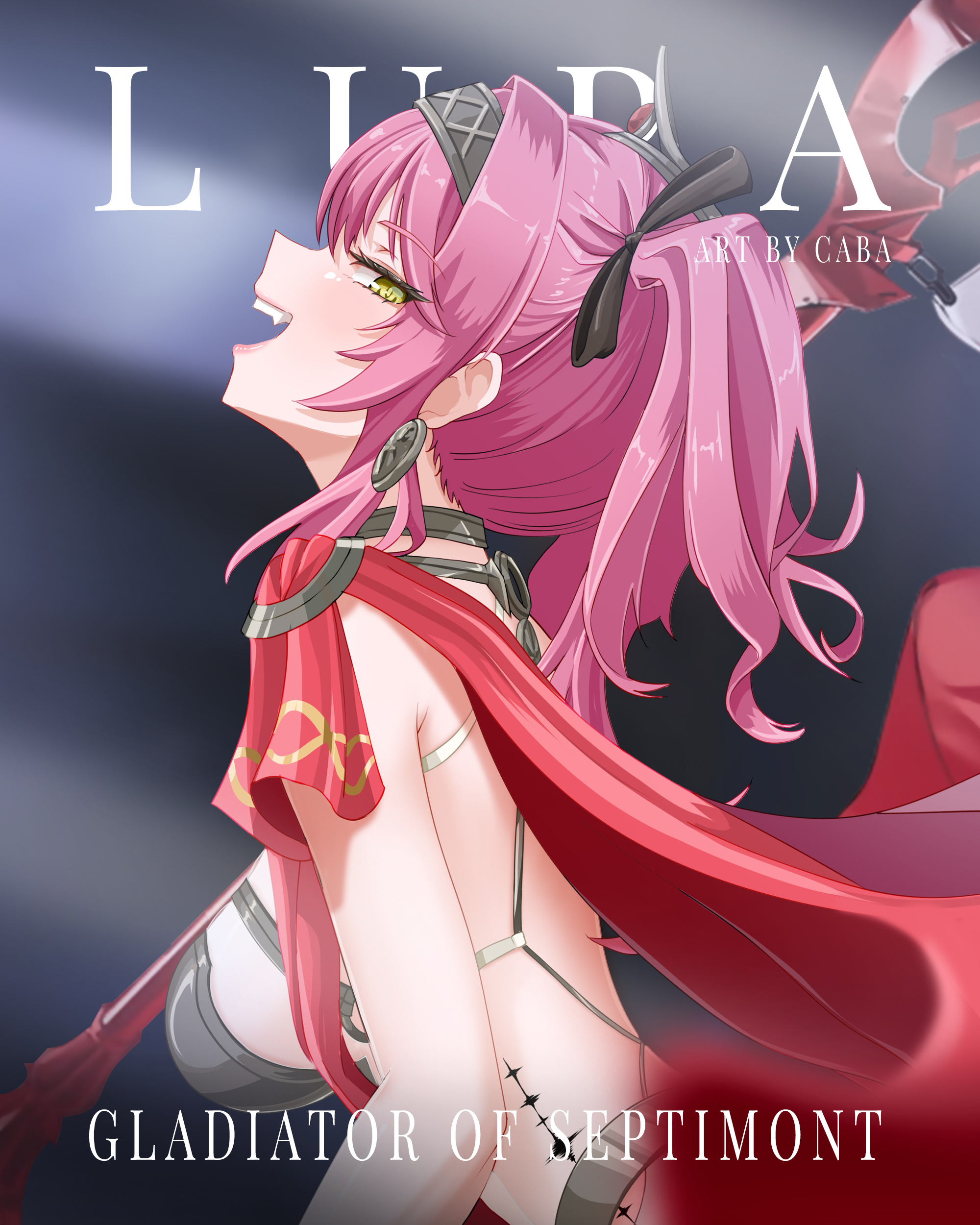 carlos cabs, lupa (wuthering waves), wuthering waves, absurdres, commentary, english commentary, highres, 1girl, armor, artist name, black bow, bow, breastplate, breasts, character name, collar, earrings, fang, from side, hair bow, hairband, jewelry, long hair, looking at viewer, looking to the side, medium breasts, metal collar, metal hairband, open mouth, pink hair, profile, sideways glance, smile, solo, tacet mark (wuthering waves), title, upper body, yellow eyes