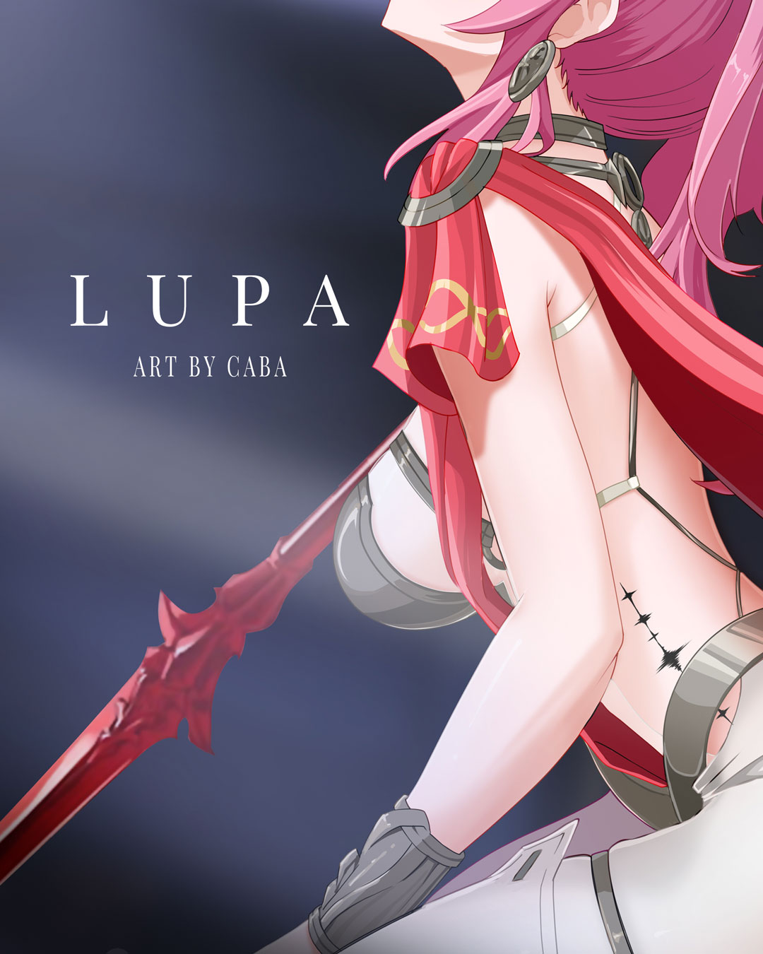 carlos cabs, lupa (wuthering waves), wuthering waves, commentary, english commentary, highres, 1girl, armor, artist name, breastplate, breasts, character name, collar, earrings, from side, head out of frame, jewelry, long hair, medium breasts, metal collar, pants, pink hair, solo, tacet mark (wuthering waves), white pants, wrist guards