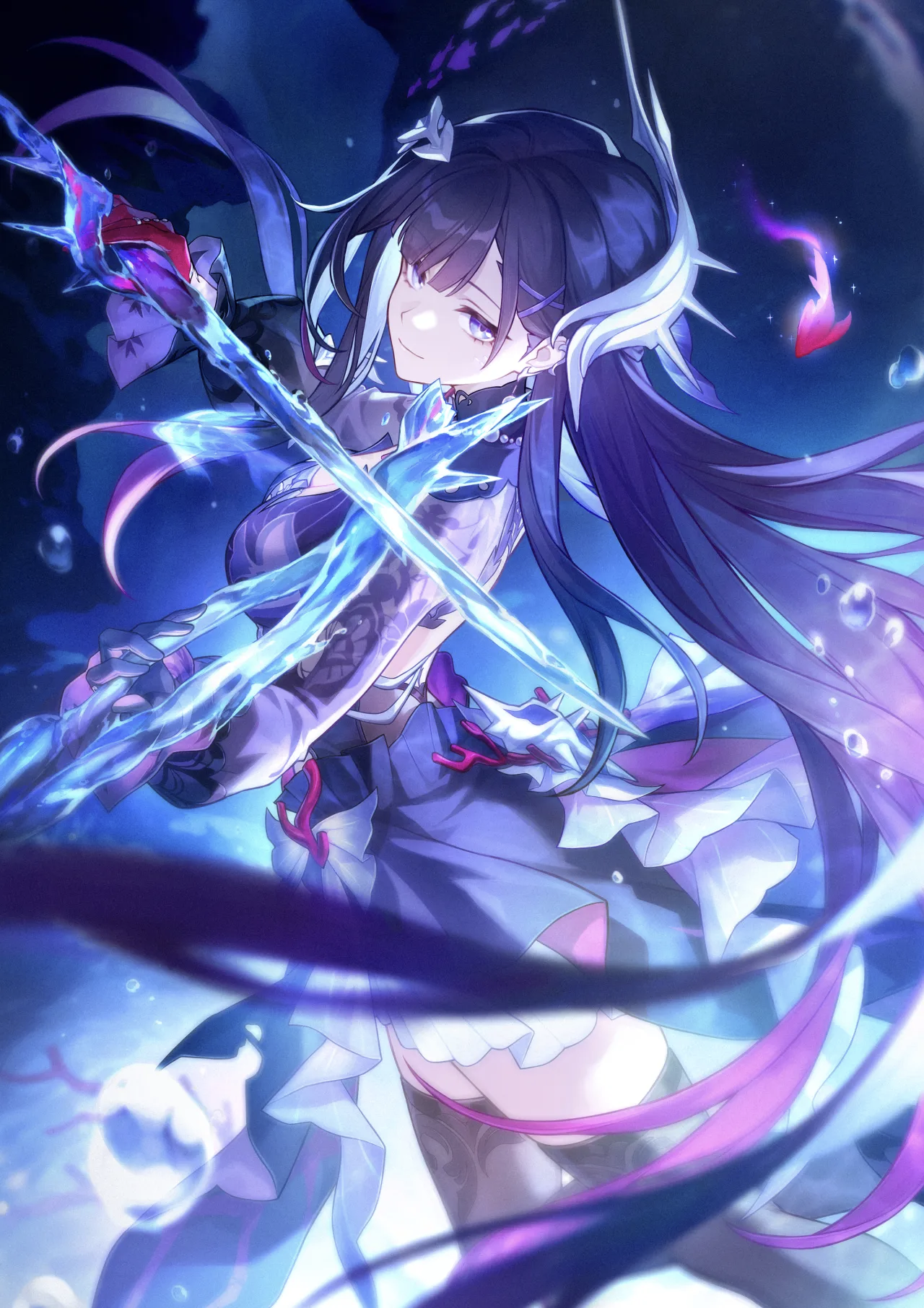 hysilens (honkai: star rail), honkai: star rail, honkai (series), highres, official art, 1girl, air bubble, asymmetrical gloves, black gloves, black hair, black thighhighs, blue hair, breasts, bubble, closed mouth, colored inner hair, dress, earrings, fish, from side, gloves, hair ornament, holding, holding sword, holding weapon, jewelry, long hair, long sleeves, looking at viewer, multicolored hair, purple eyes, red gloves, smile, solo, sword, thighhighs, weapon